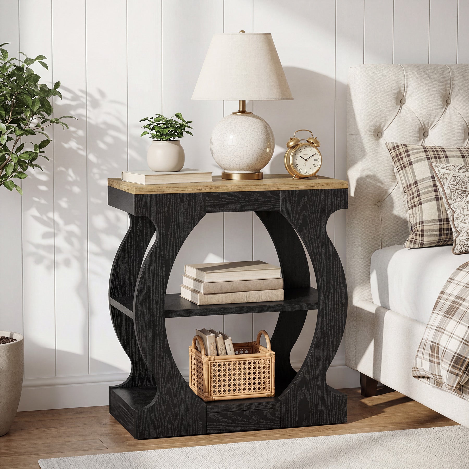 23.6 Inch Nightstand with 3-Tier Storage, Modern Narrow Bedside Table with Curved Frame for Bedroom
