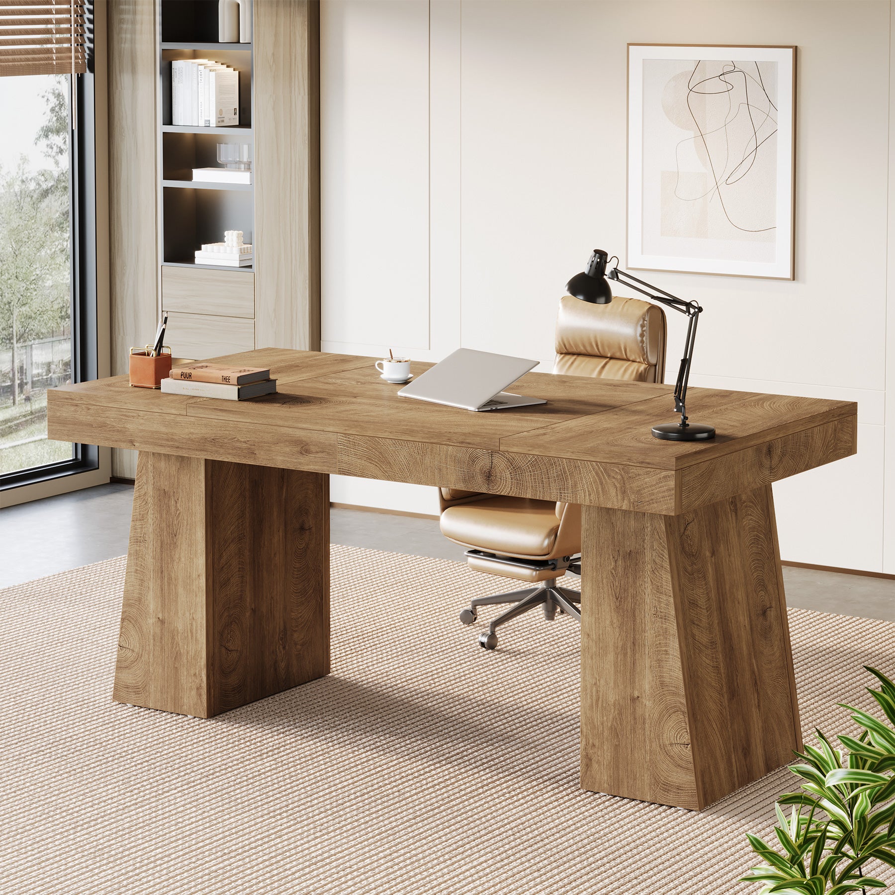 55-Inch Executive Desk, Large Wood Office Computer Desk with Double Pedestal