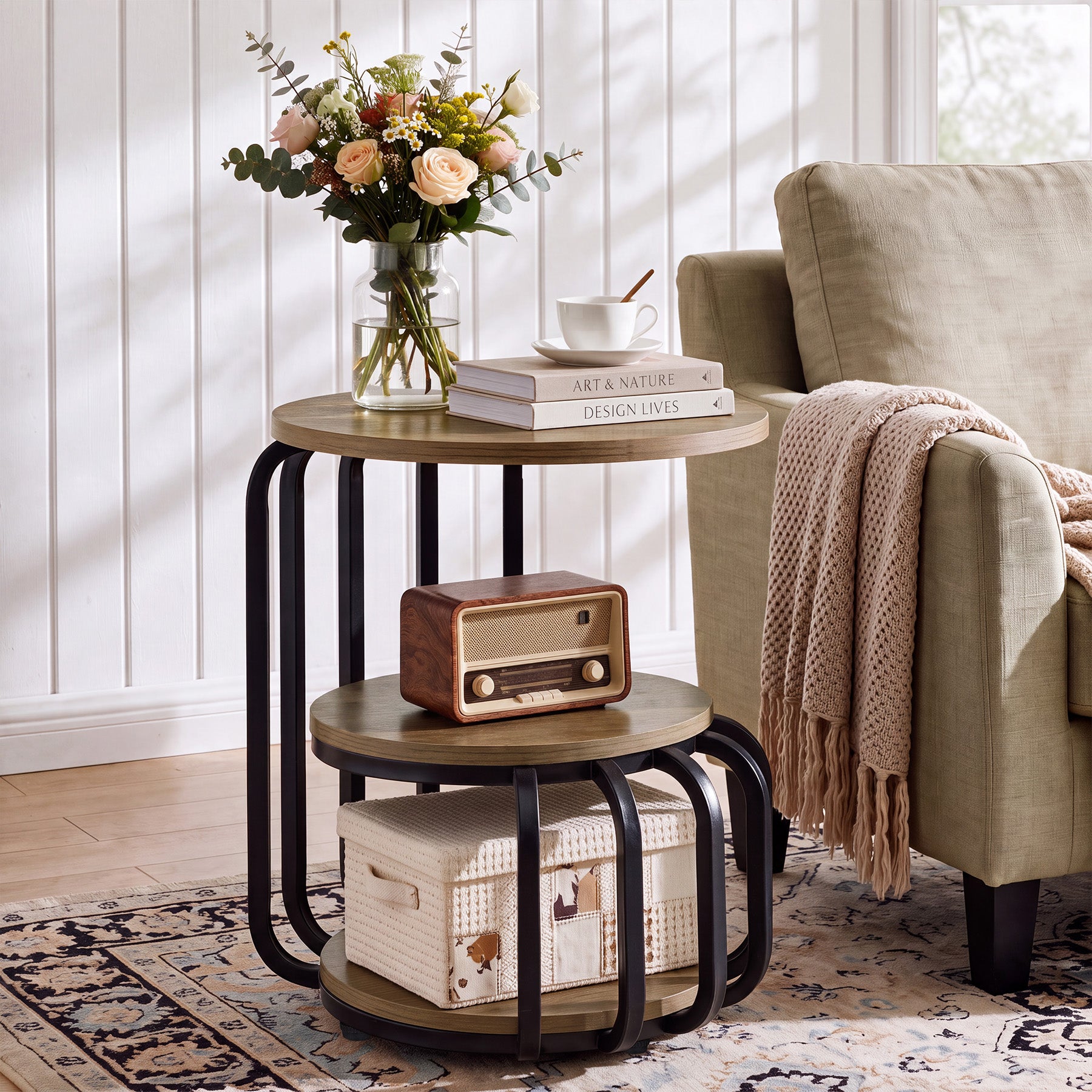 19.69 Inch Round End Table, 3 Tier Industrial Side Table with Storage for Living Room