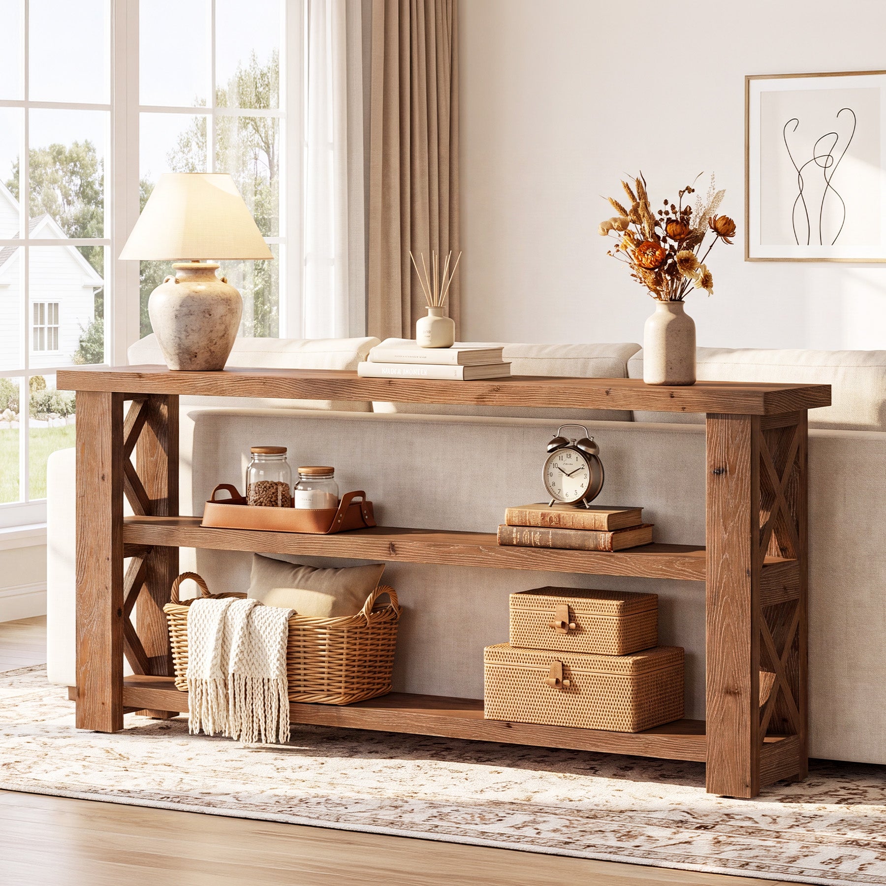 Tribesigns 63 Inch Solid Wood Console Table with X-Frame, 3-Tier Hallway Table for Living Room