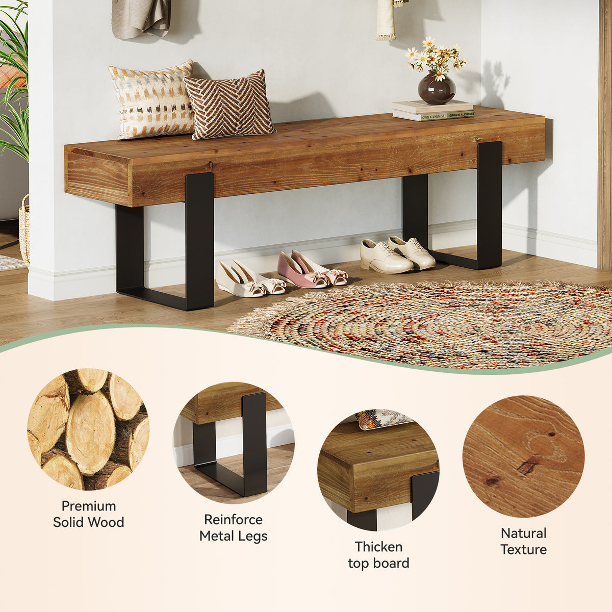 Tribesigns 63-Inch Solid Wood Entryway Bench, Farmhouse Shoe Bench with Metal Legs for Hallway