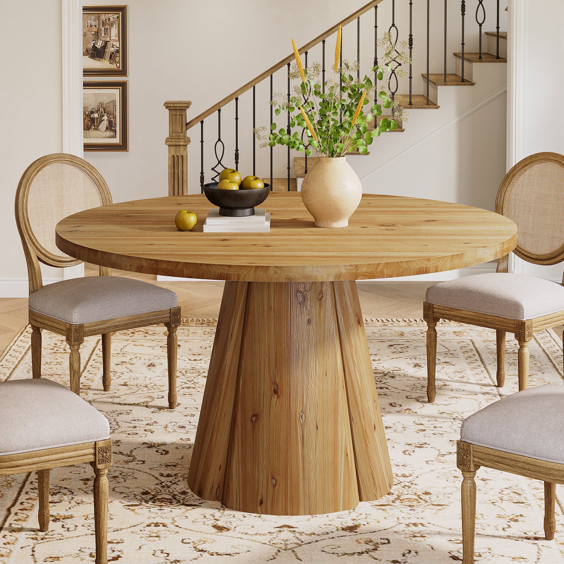 Tribesigns 47.24-Inch Solid Wood Dining Table, Farmhouse Round Kitchen Table with Pedestal Base for Dining Room
