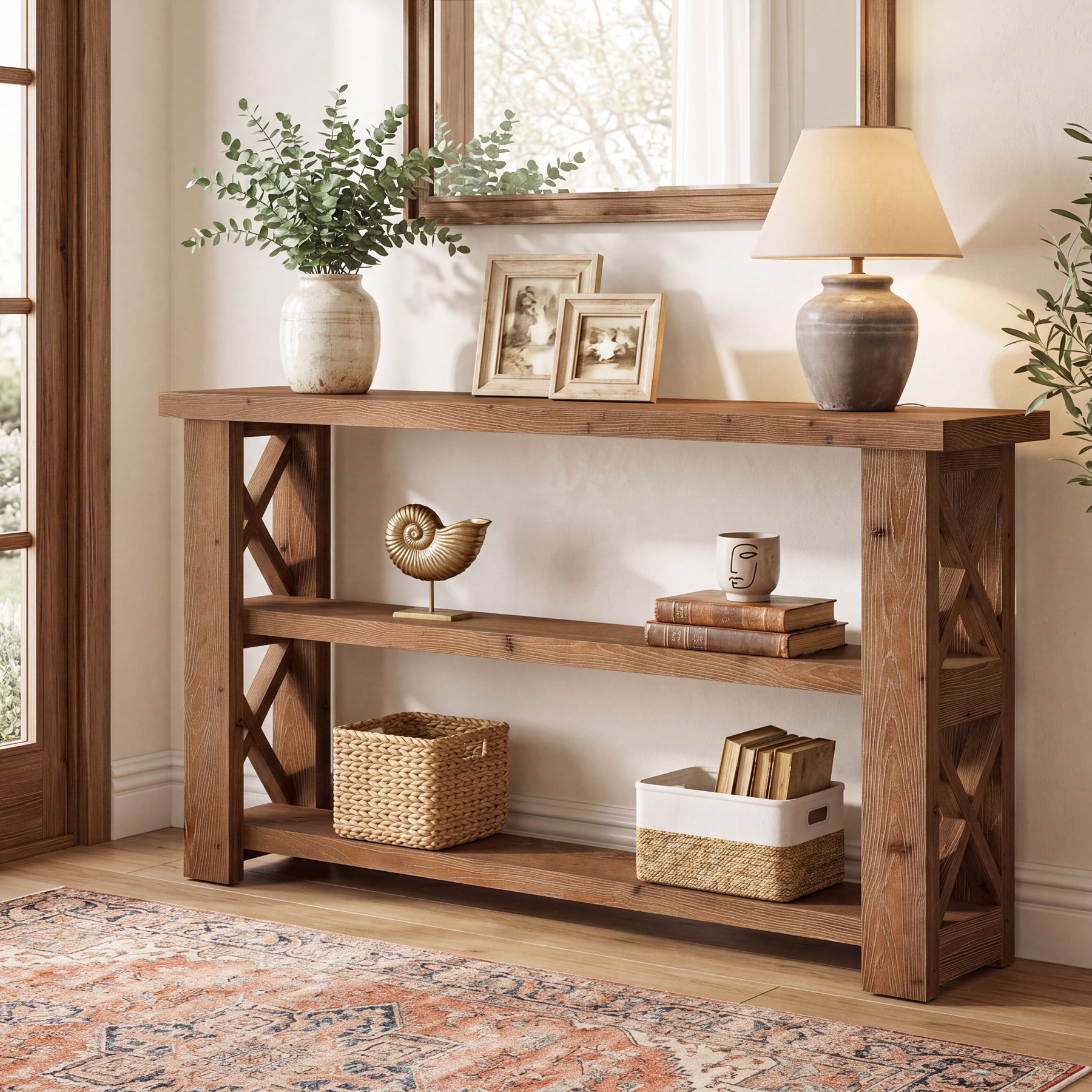 Tribesigns 63 Inch Solid Wood Console Table with X-Frame, 3-Tier Hallway Table for Living Room