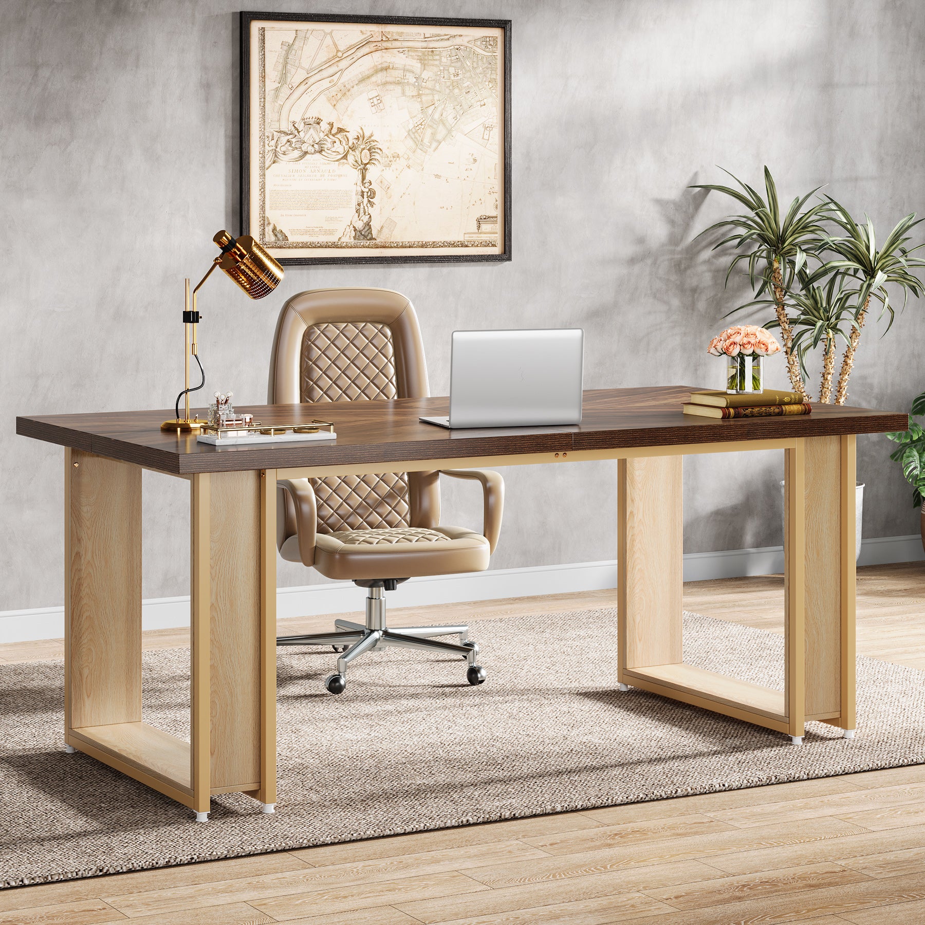 63" Office Desk, Wood Computer Desk with Metal Frame for Home Office Bedroom Study