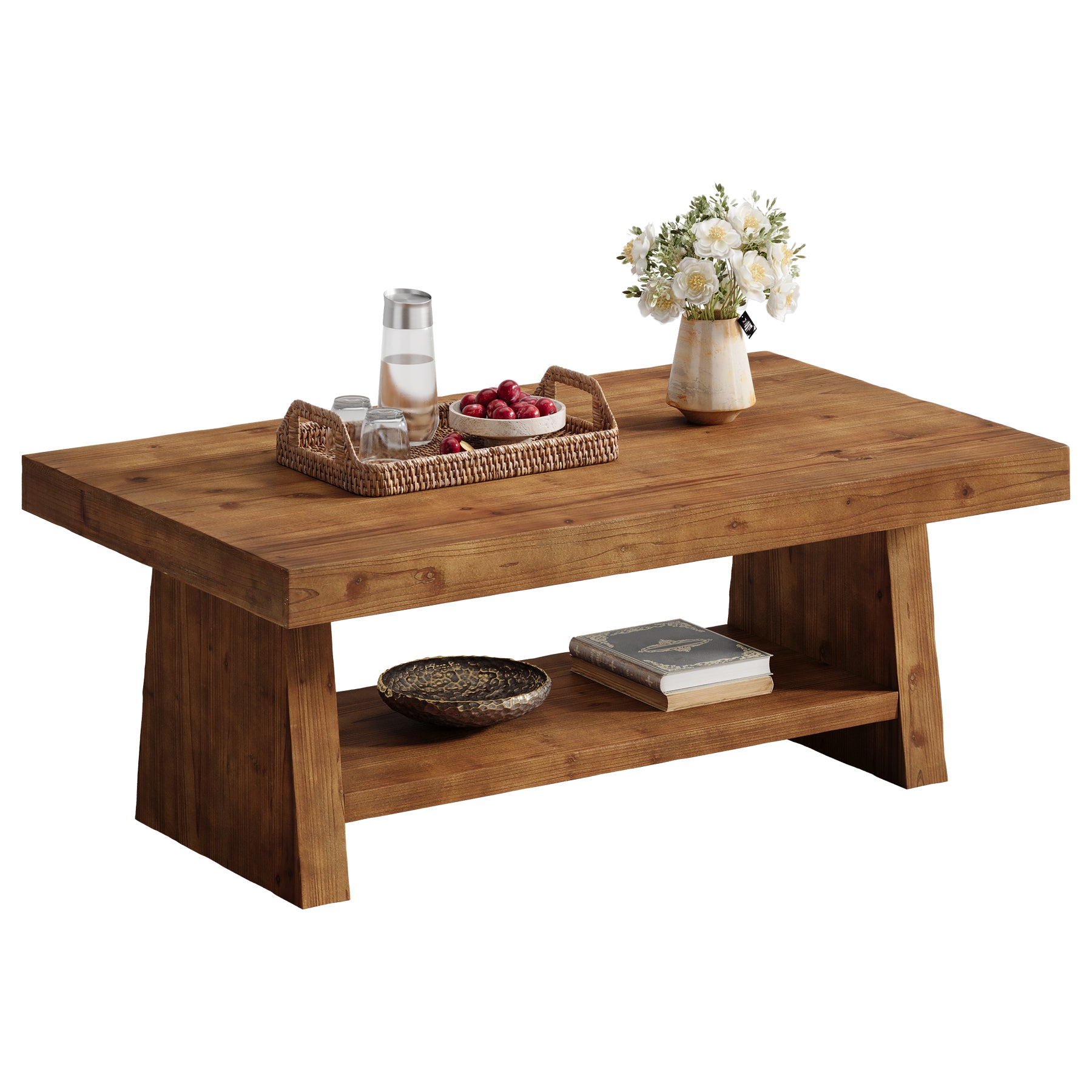 47 Inch Solid Wood Coffee Table, 2 Tier Farmhouse Center Table for Living Room
