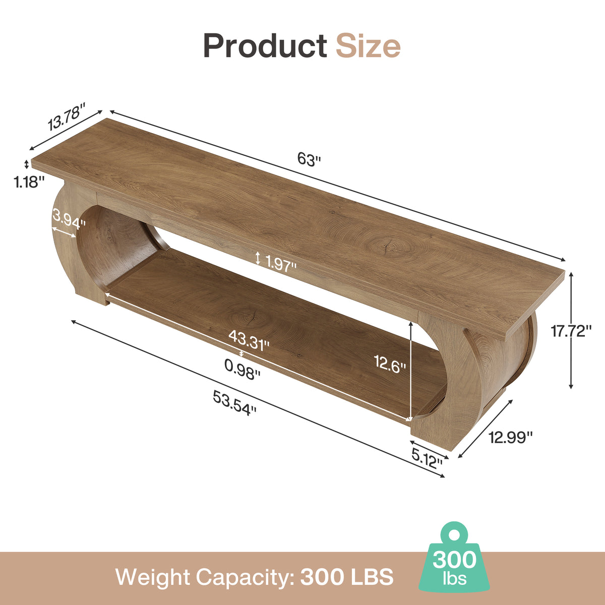 63 Inch Storage Bench with Open Shelf and Curved Wood Frame, Farmhouse End of Bed Bench for Bedroom