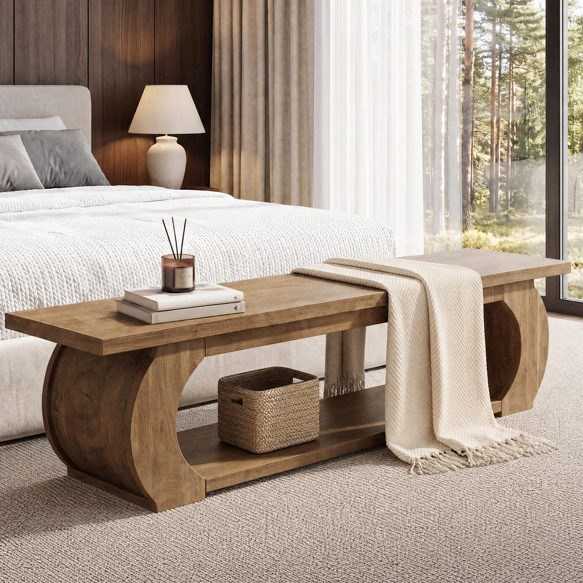 63 Inch Storage Bench with Open Shelf and Curved Wood Frame, Farmhouse End of Bed Bench for Bedroom
