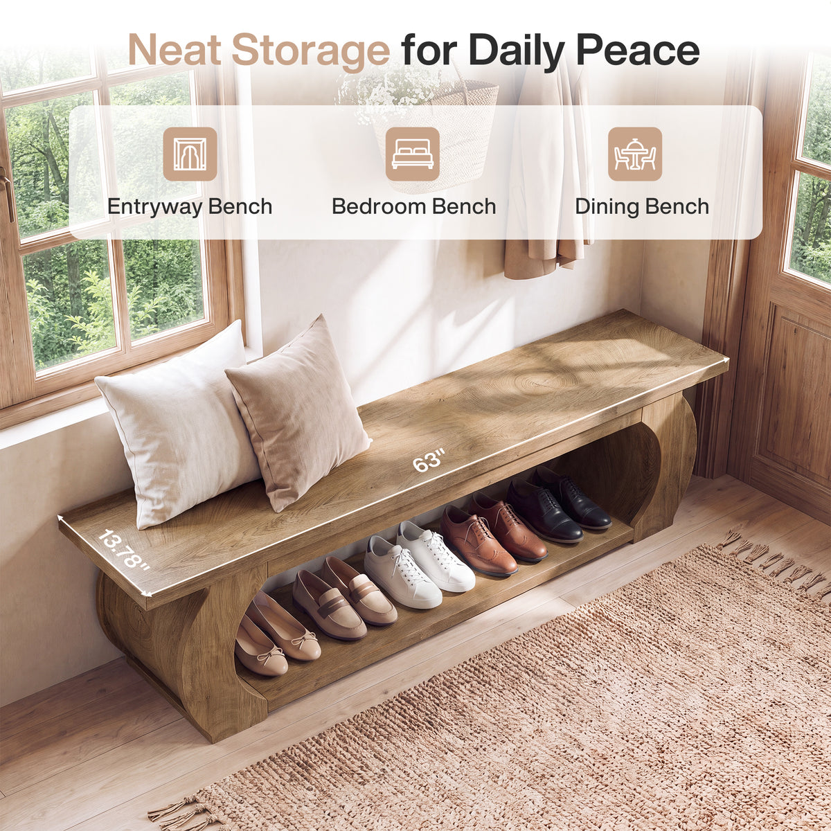 63 Inch Storage Bench with Open Shelf and Curved Wood Frame, Farmhouse End of Bed Bench for Bedroom