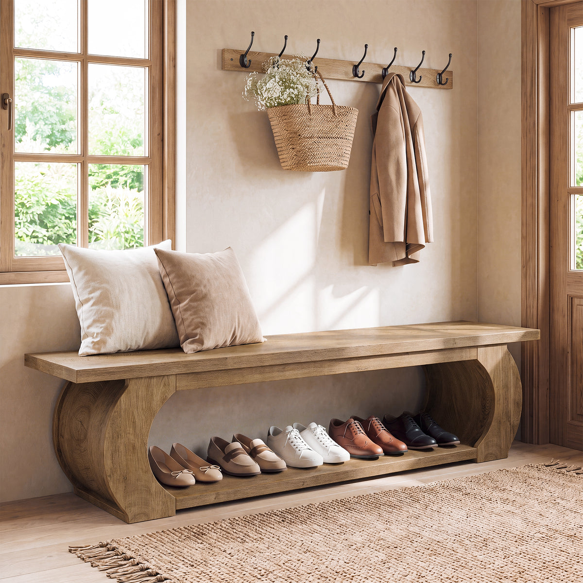 Tribesigns 63 Inch Shoe Bench with Storage, Entryway Bench with Open Shelves for Bedroom and Living Room