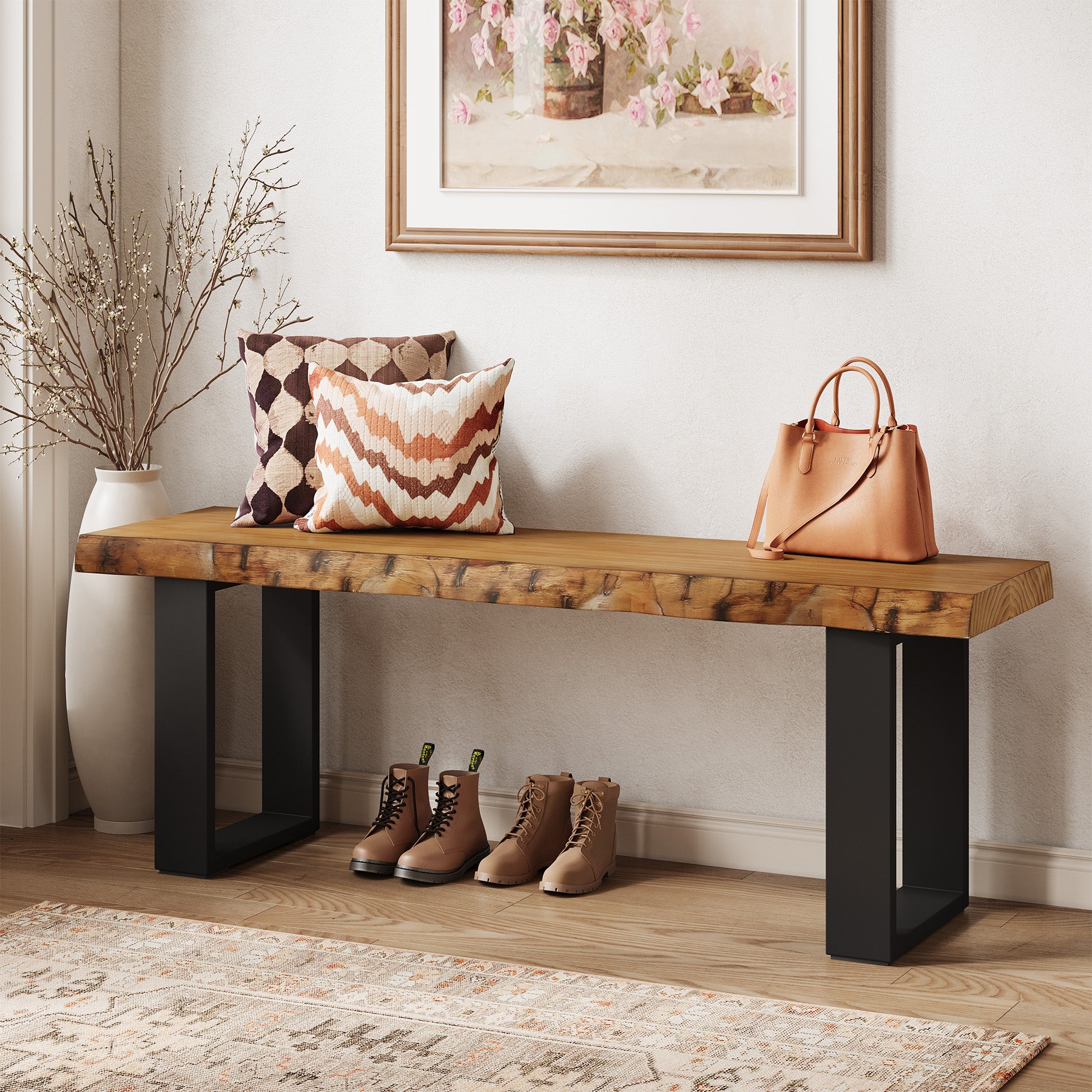 Tribesigns 47.24-Inch Industrial Entryway Bench with Solid Wood Seat, Narrow Shoe Bench for Bedroom and Hallway