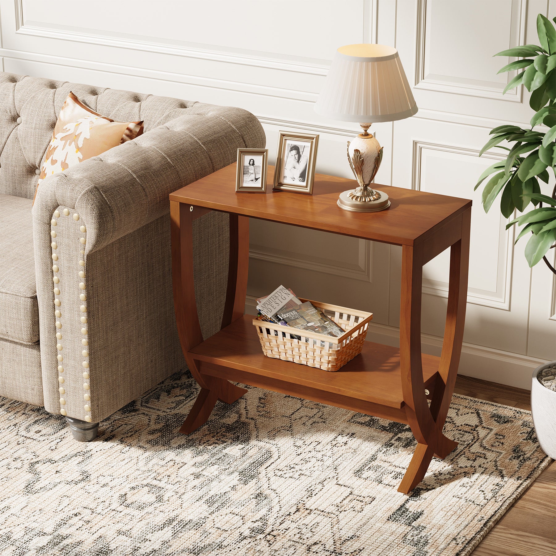 Tribesigns 23.62" Small Solid Wood Side Table with Arched Legs, 2-Tier End Table for Sofa Side