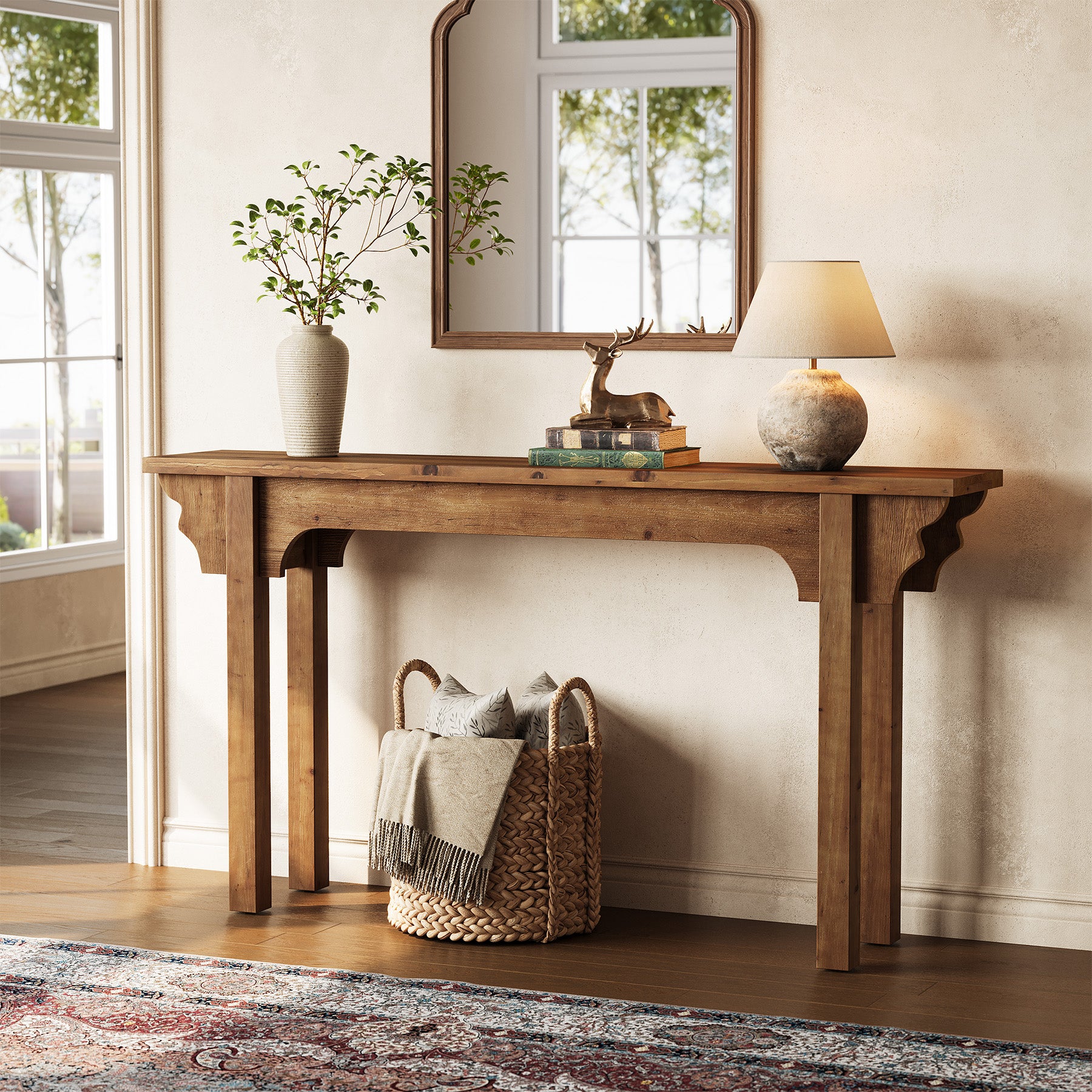 Tribesigns 63-Inch Solid Wood Console Table with Unique Side Design, Farmhouse Narrow Sofa Table for Entryway