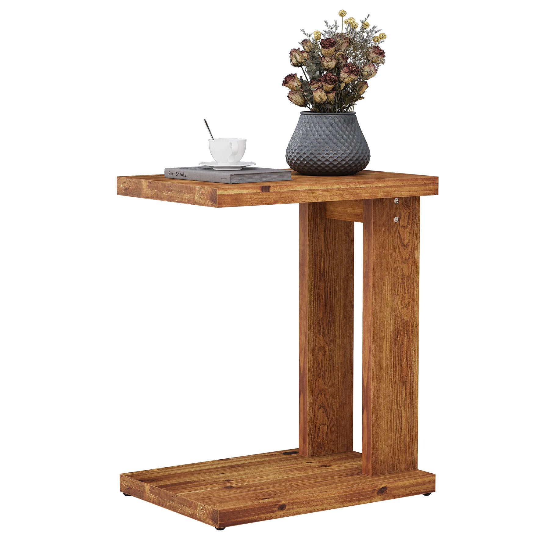 Tribesigns 23.6" C-Shaped End Table, Solid Wood 2-Tier Side Table for Sofa and Living Room