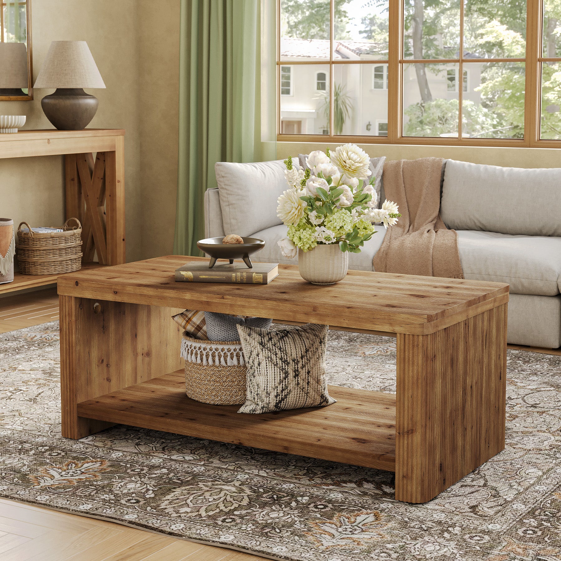 47.24" Solid Wood Coffee Table in Rustic Brown, Modern Fluted Low Rectangle Center Table with 2-Tier Storage