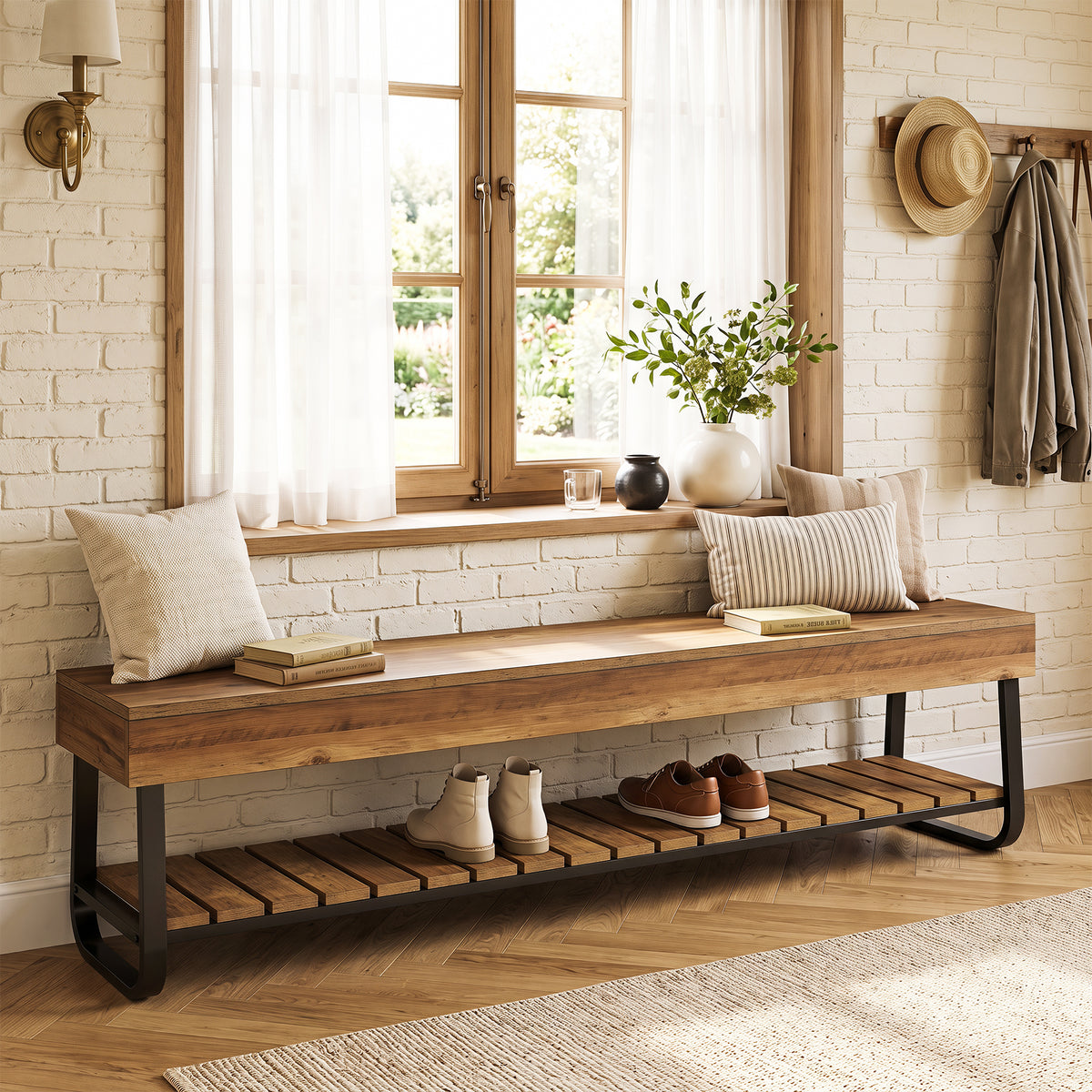 Tribesigns 63" Long Entryway Bench with Slatted Shoe Storage, Industrial Hallway Bench for 2-3