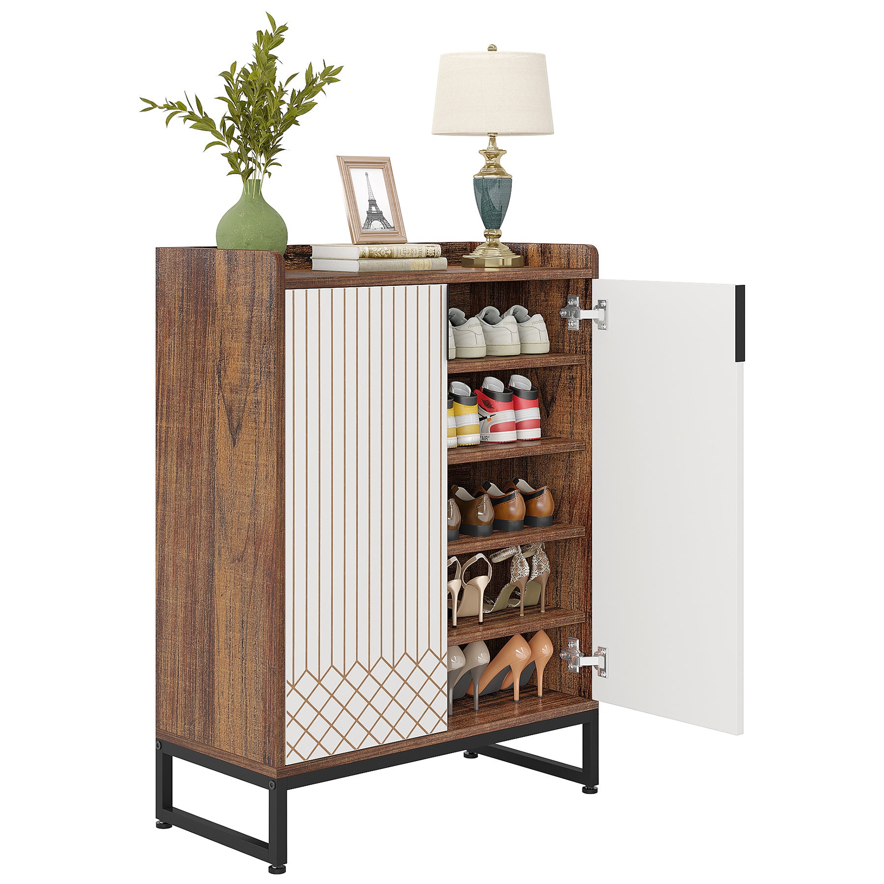 Tribesigns White 5-Tier Freestanding Wood Shoes Cabinet with Gold Metal Frame