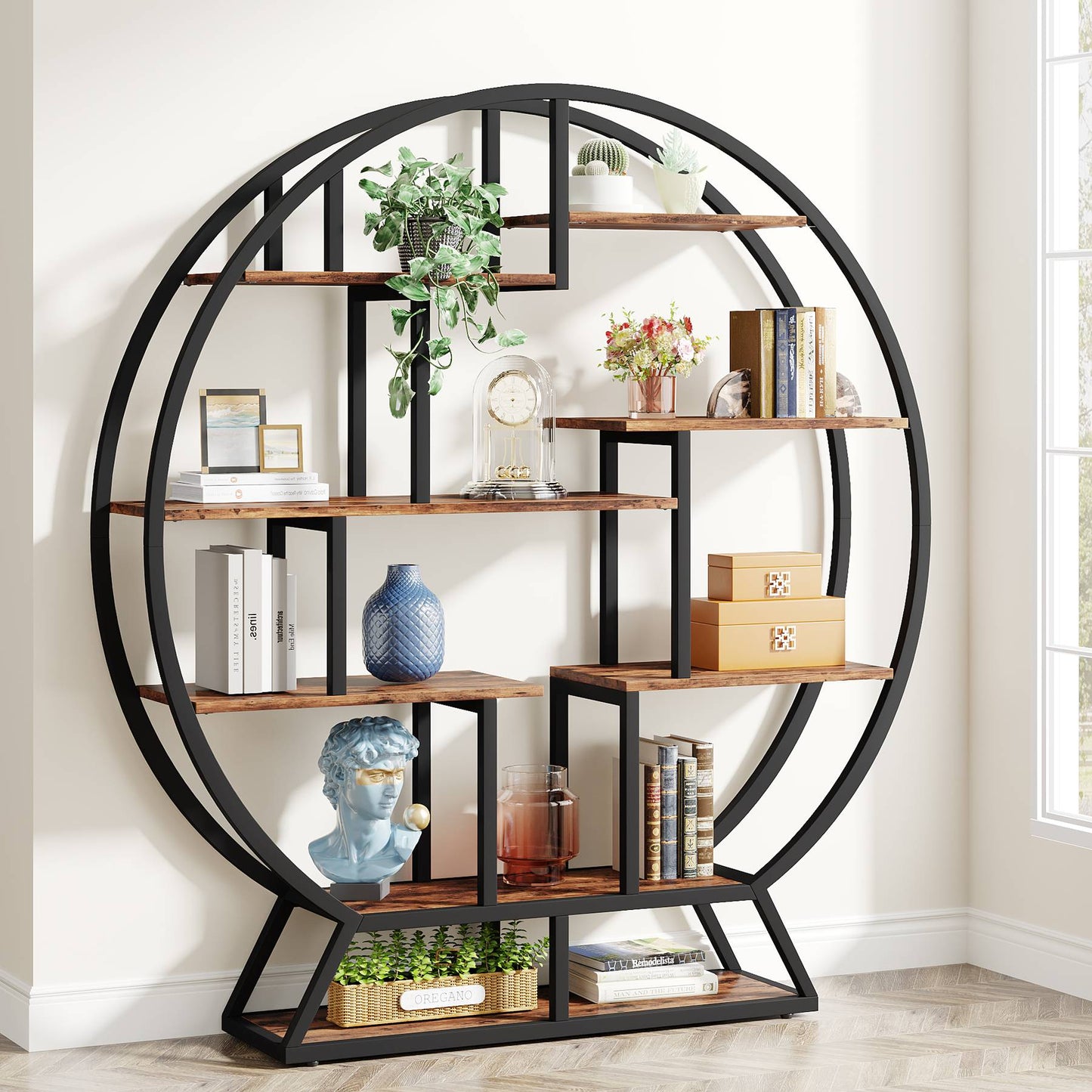 Tribesigns Bookshelf, 63 Inch Round Etagere Bookcase with Staggered Shelves Tribesigns