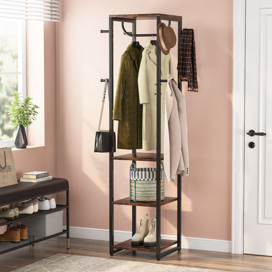 Coat Rack, Freestanding Corner Hall Tree with 4 Shelves 8 Hooks Tribesigns