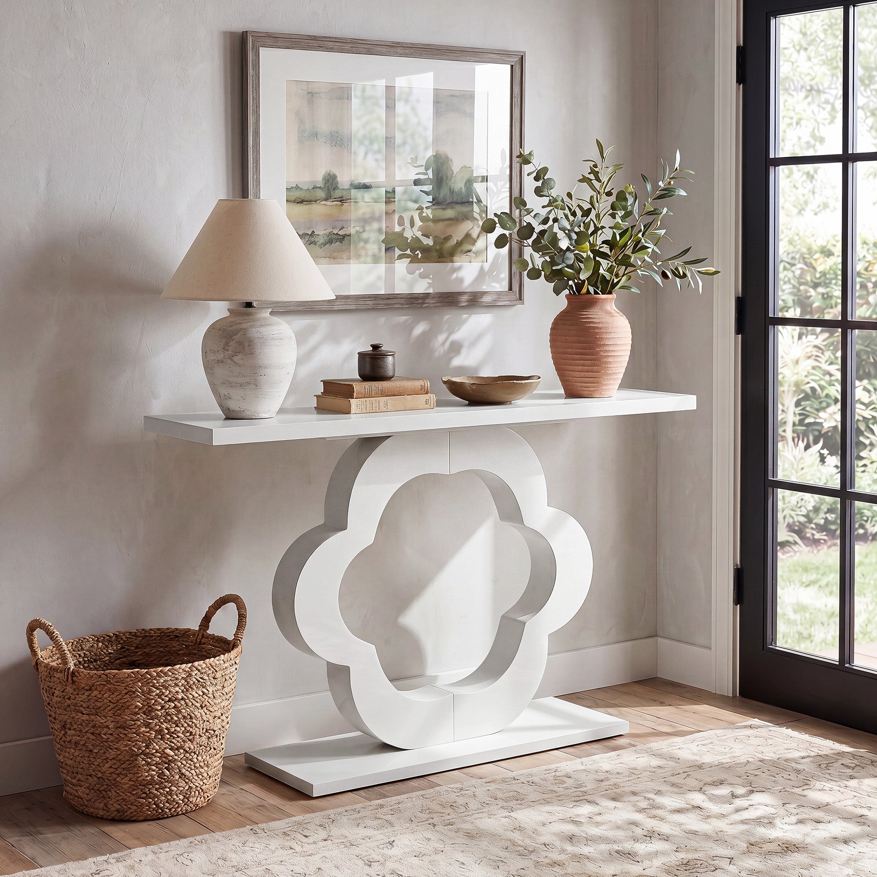 39.4-Inch White High-Gloss Console Table with Flower Cutout Base, Narrow Entryway Table for Living Room and Hallway