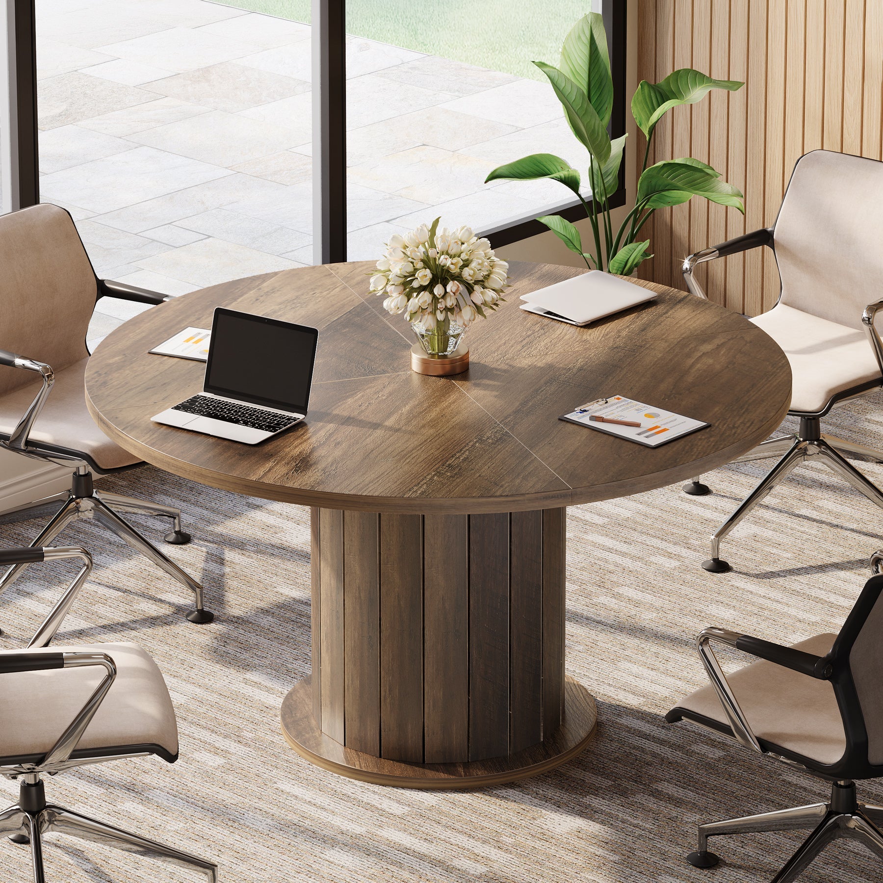 47.24-Inch Round Conference Table with Pedestal Base, Farmhouse Meeting Table for 4 to 6 People
