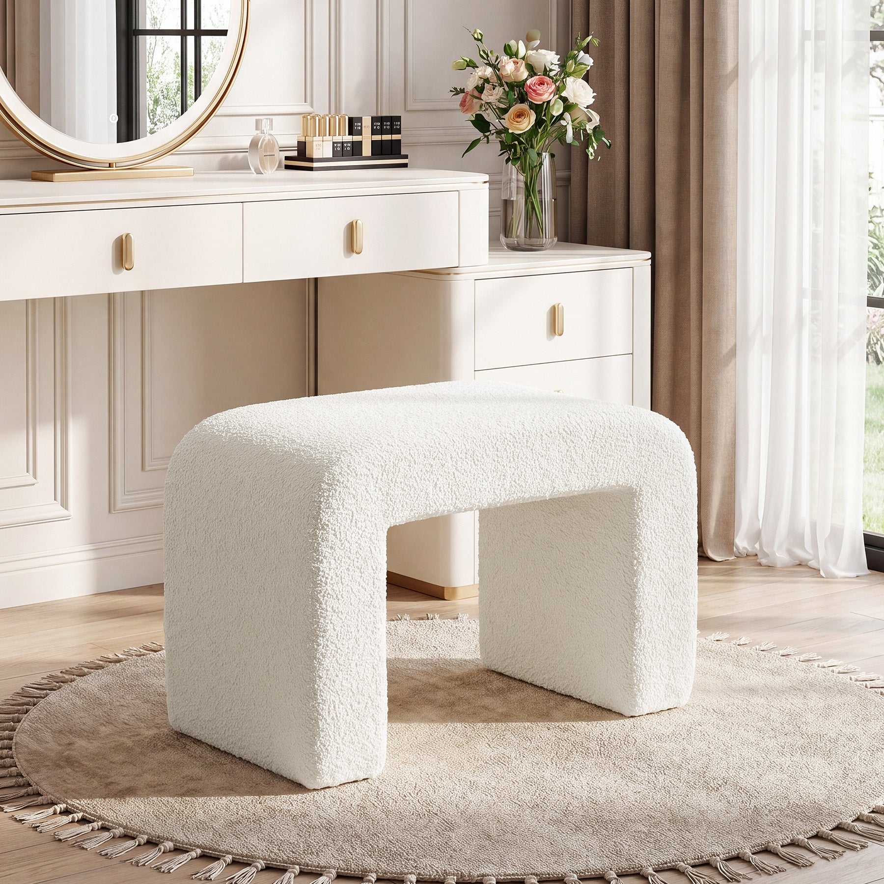 23.62-Inch Modern Vanity Stool with Faux Cashmere Upholstery, Arched Ottoman Footstool