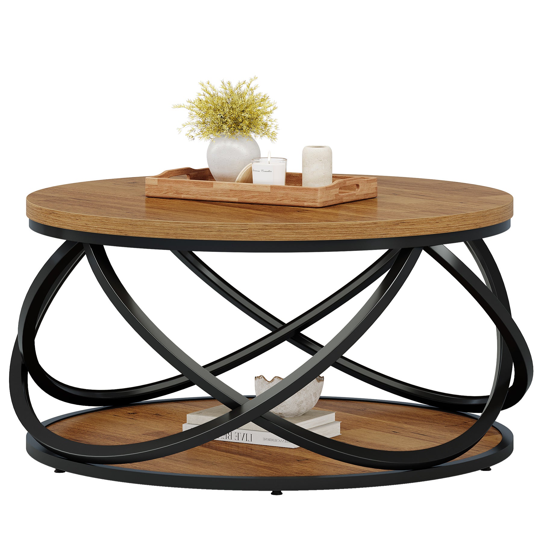 31.5" Two-Tier Round Coffee Table, Modern Circle Center Table with Wood Grain and Cross Metal Base