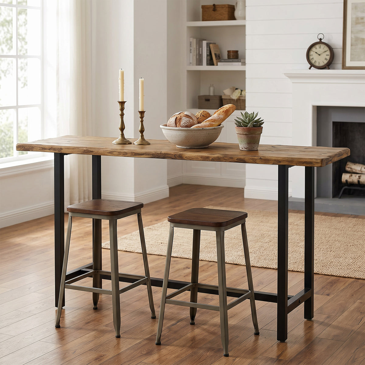 63 Inch Solid Wood Bar Table with Metal Footrest, Counter Height Dining Table for Home and Office