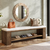 Tribesigns 63 Inch Solid Wood Bench with Removable Faux Lambswool Cushion, Farmhouse End of Bed Seat 3
