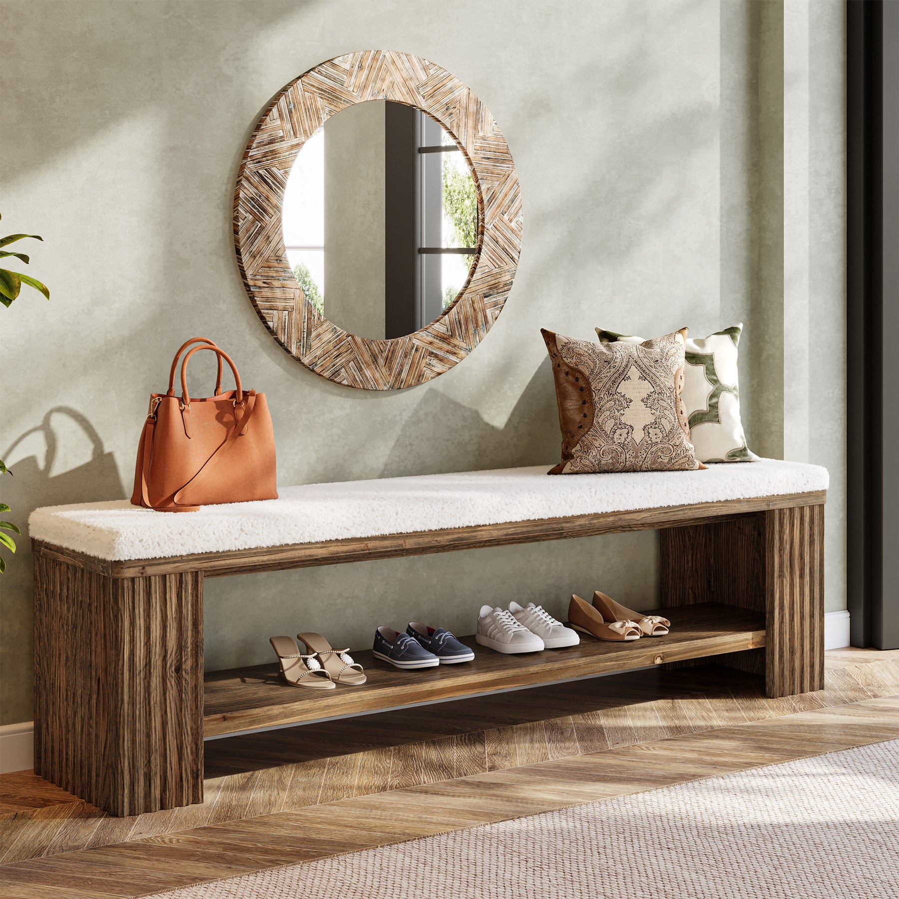 Tribesigns 63 Inch Solid Wood Bench with Removable Faux Lambswool Cushion, Farmhouse End of Bed Seat