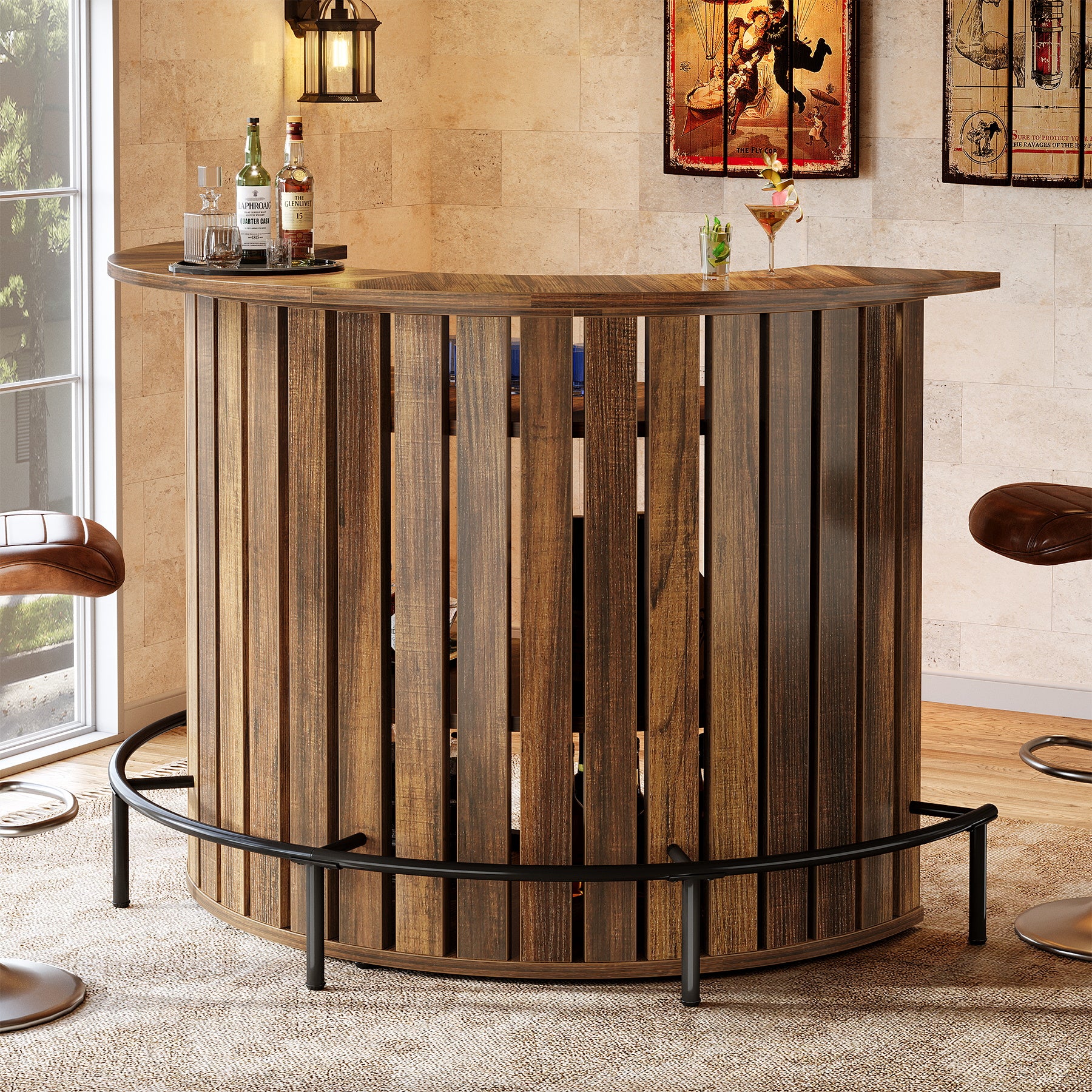 Tribesigns Bar Table with 4-Tier Storage and Footrest, Arc-Shaped Mini Home Bar Unit