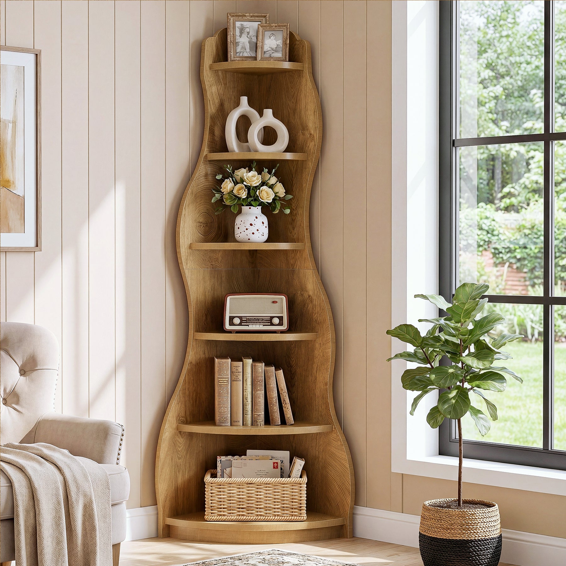 Tribesigns 68.9-Inch Wavy Corner Shelf, 6-Tier Bookcase for Small Spaces