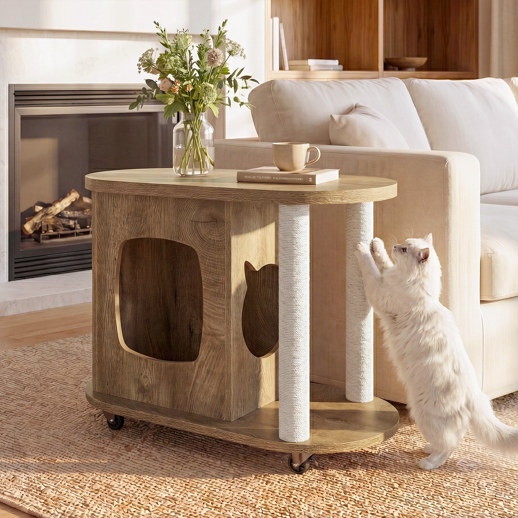31.5-Inch End Table with Cat Scratching Posts, Wooden Cat Condo with Bed for Living Room