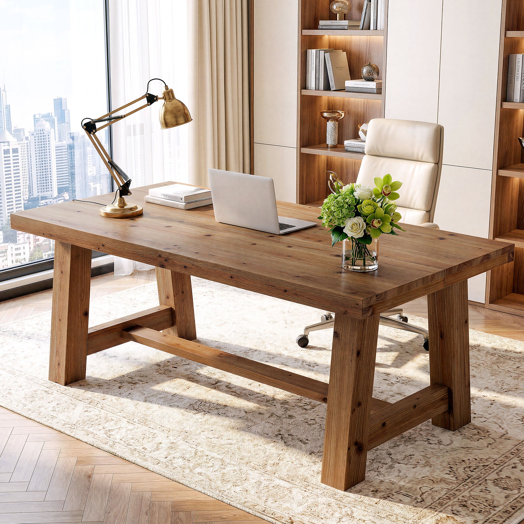 Tribesigns 63-Inch Solid Wood Computer Desk, Thick Top Wooden Workstation for Home Office