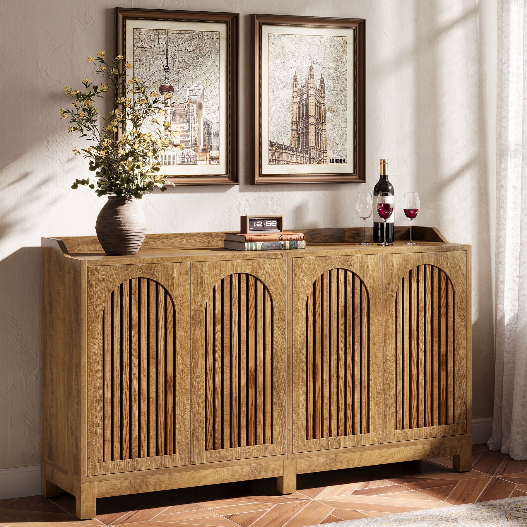 57-Inch Buffet Cabinet with Adjustable Shelves and Grille Doors, Long Sideboard Cabinet for Dining Room