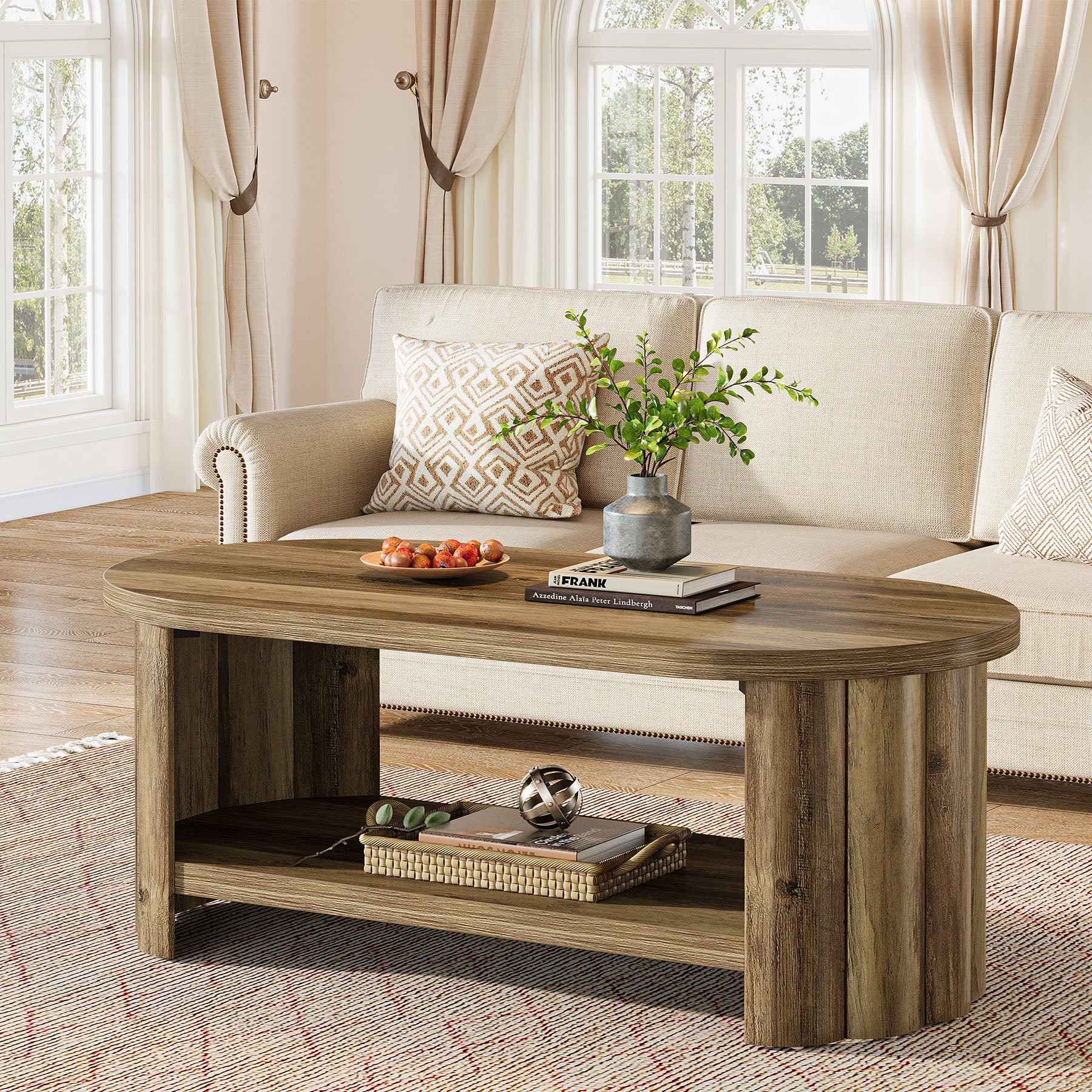 47.24-Inch Oval Coffee Table with 2-Tier Storage Shelf and Dual Base, Farmhouse Accent Center Table