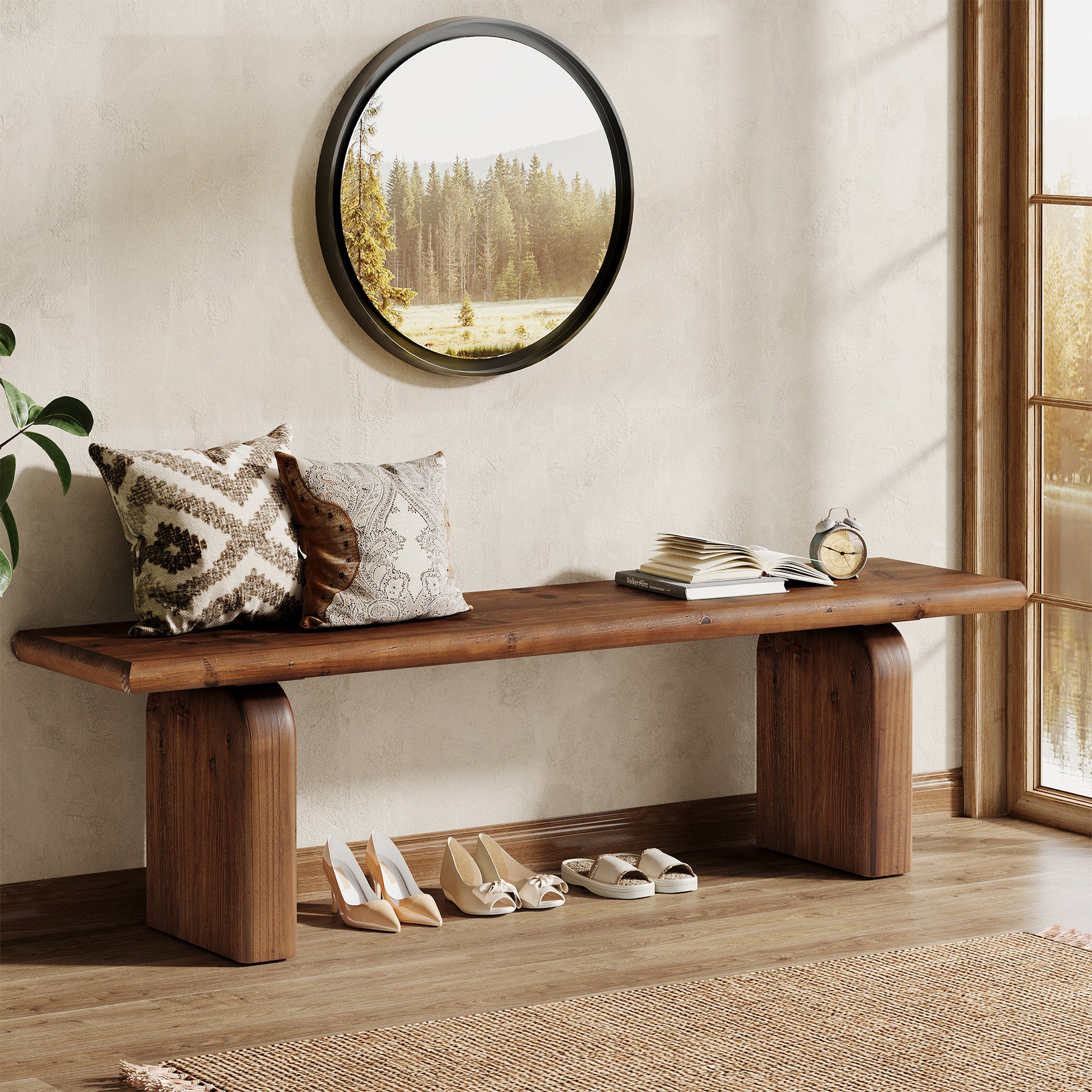 Tribesigns 62.99 Inch Solid Wood Entryway Bench, Farmhouse End of Bed Bench for Bedroom and Hallway