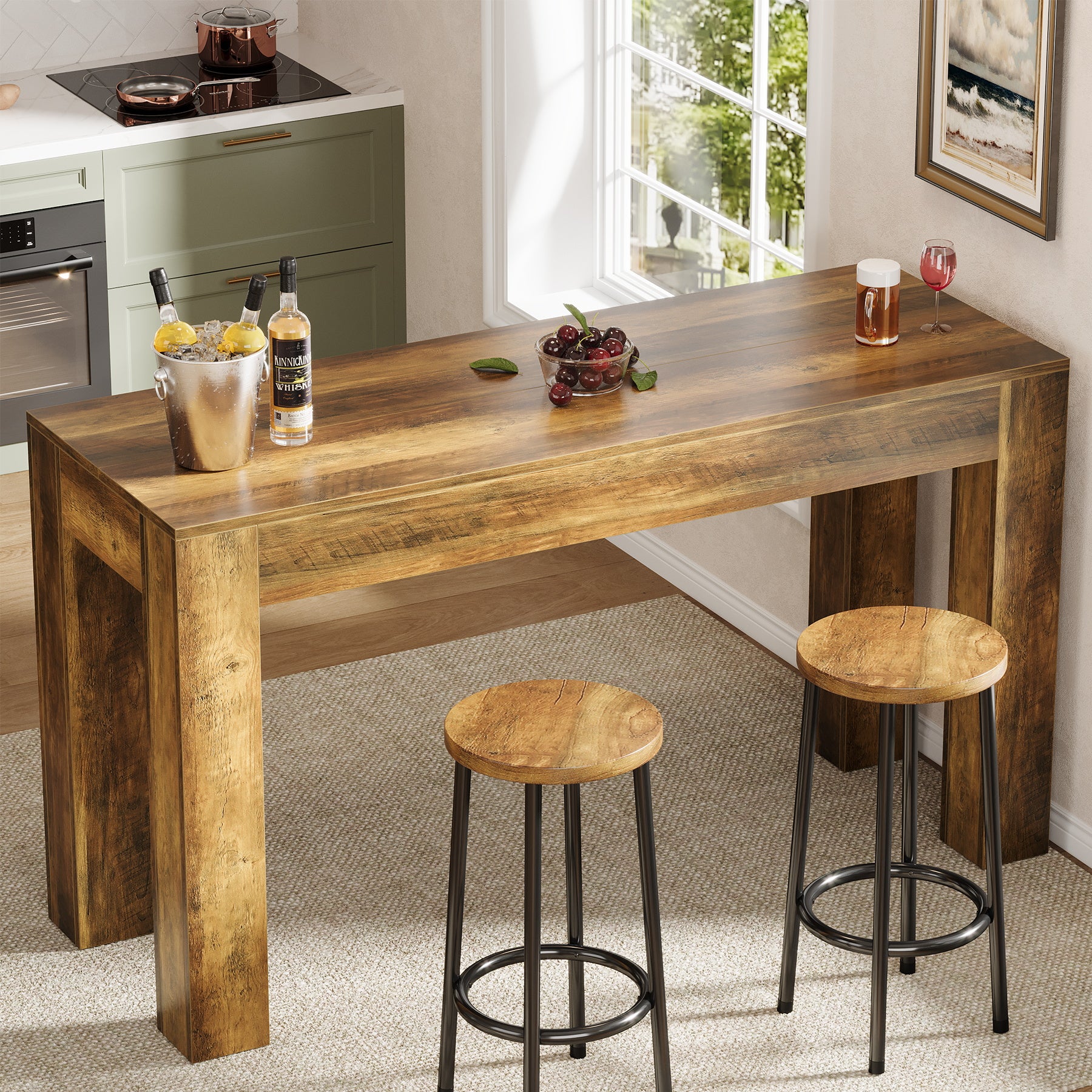 62.99-Inch Long Bar Table, Rectangular Counter Height Dining Table with 4 Sturdy Legs for Kitchen Home Bar