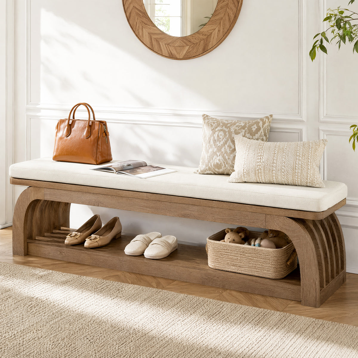 Tribesigns 55.1 Inch Upholstered Entryway Bench with 2-Tier Shoe Storage, Farmhouse Hallway Bench