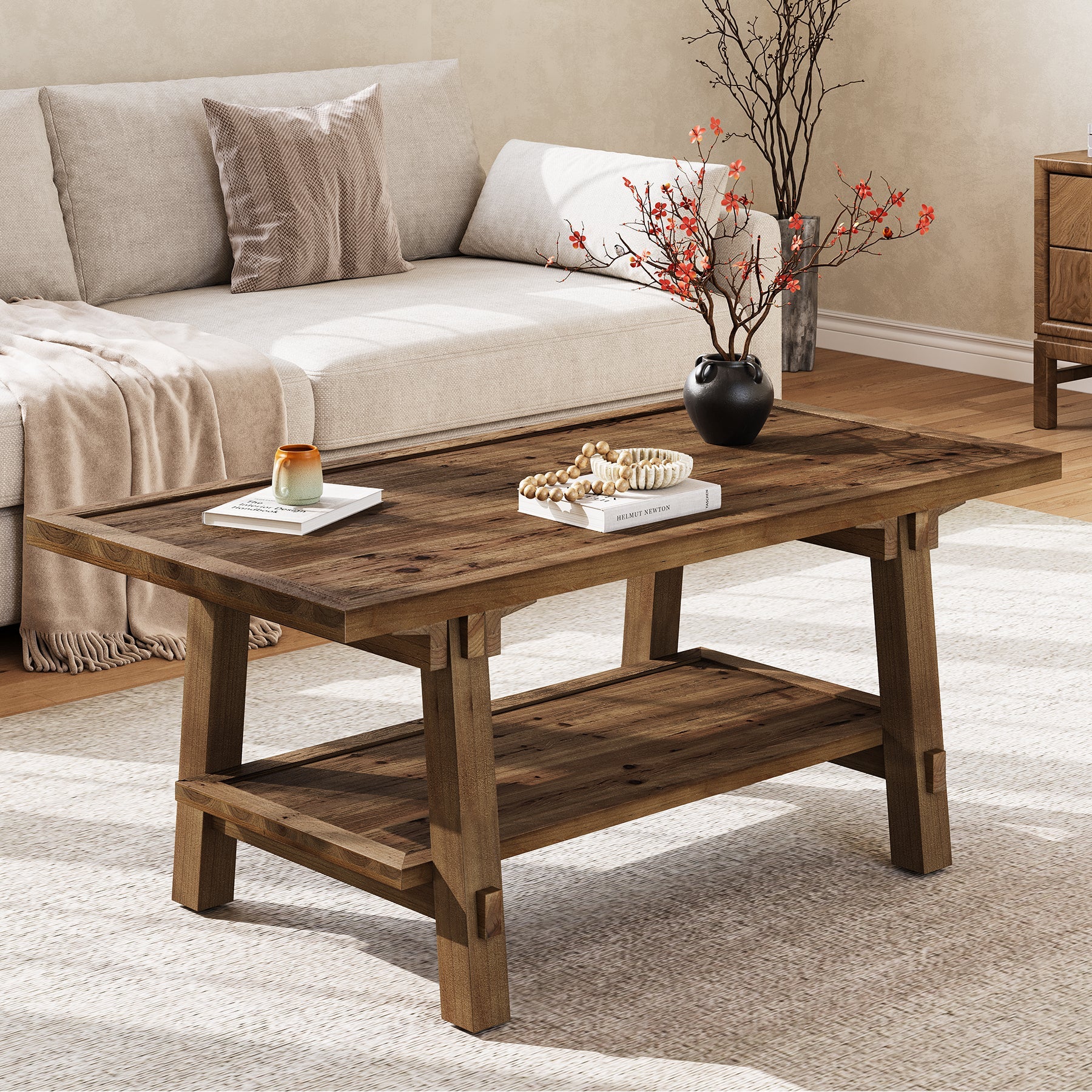 47 Inch Solid Wood Coffee Table, Rustic Farmhouse Rectangle Center Table