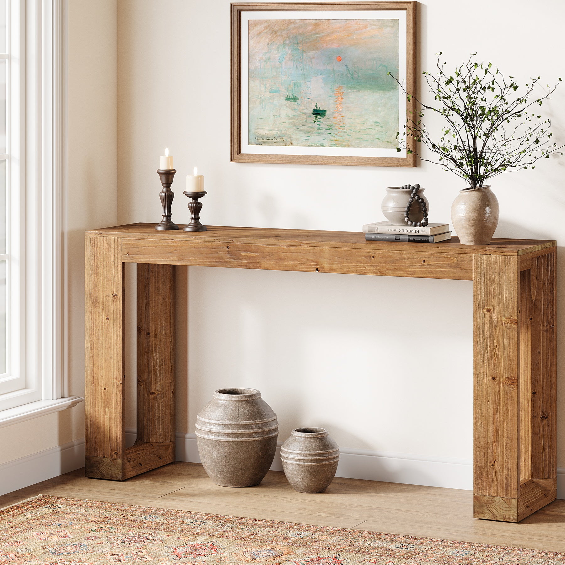 Tribesigns 63-Inch Farmhouse Console Table with Reinforced Base, Solid Wood Sofa Table for Entryway Study and Living Room