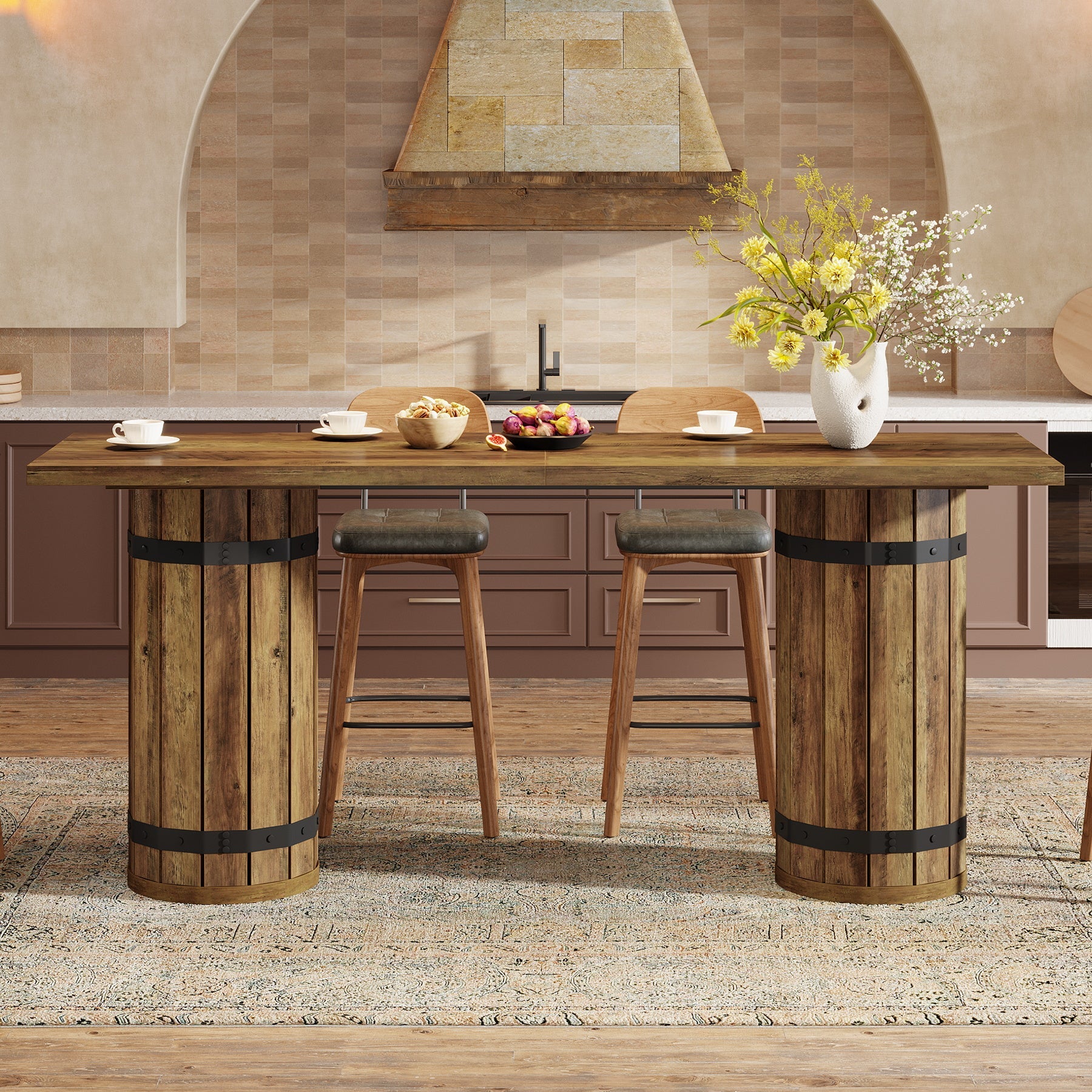 70.9-Inch Long Bar Table with Slatted Base, Rectangular Counter Height Pub Table
