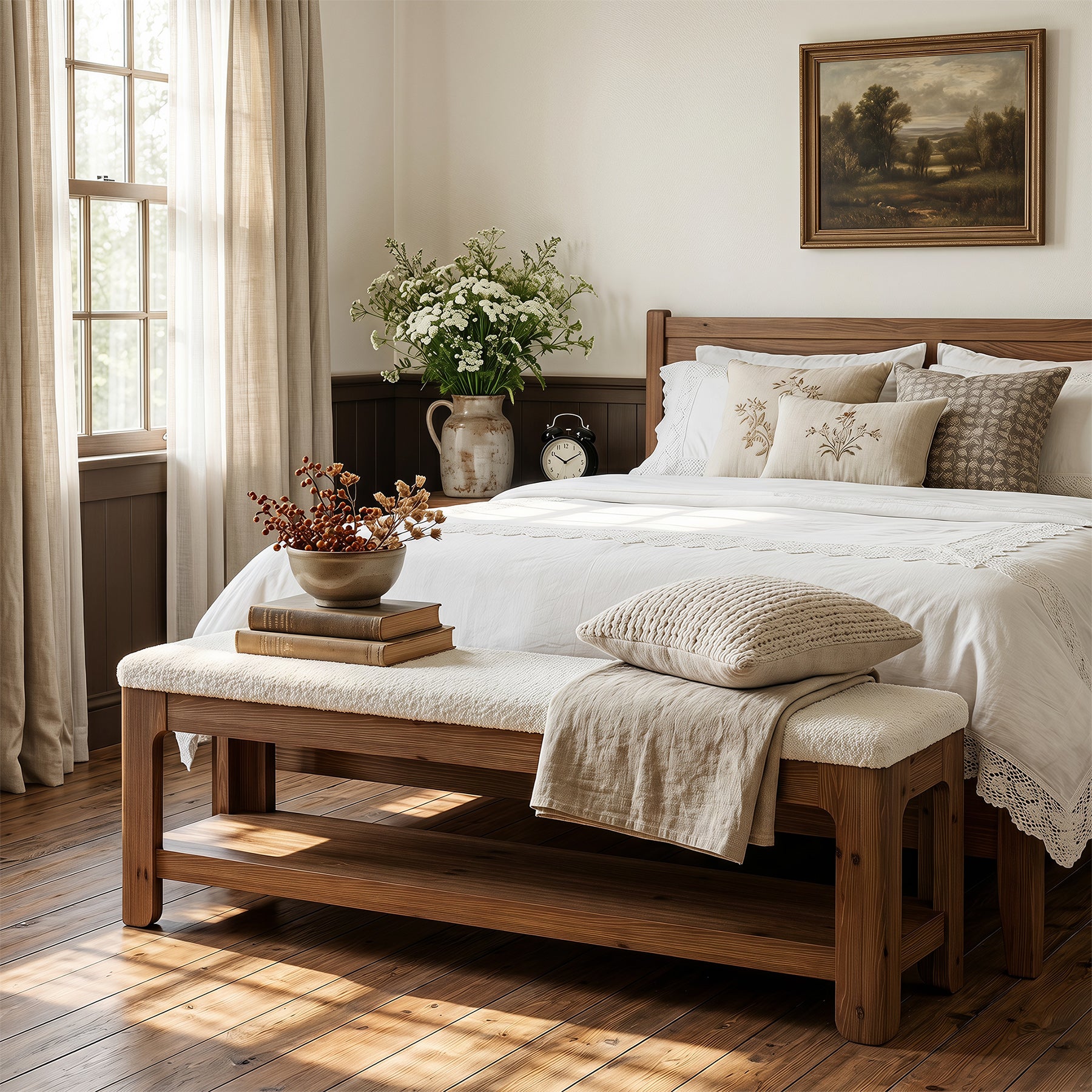 55-Inch Solid Wood Storage Bench with Faux Wool Seat, Entryway Bench for Bedroom