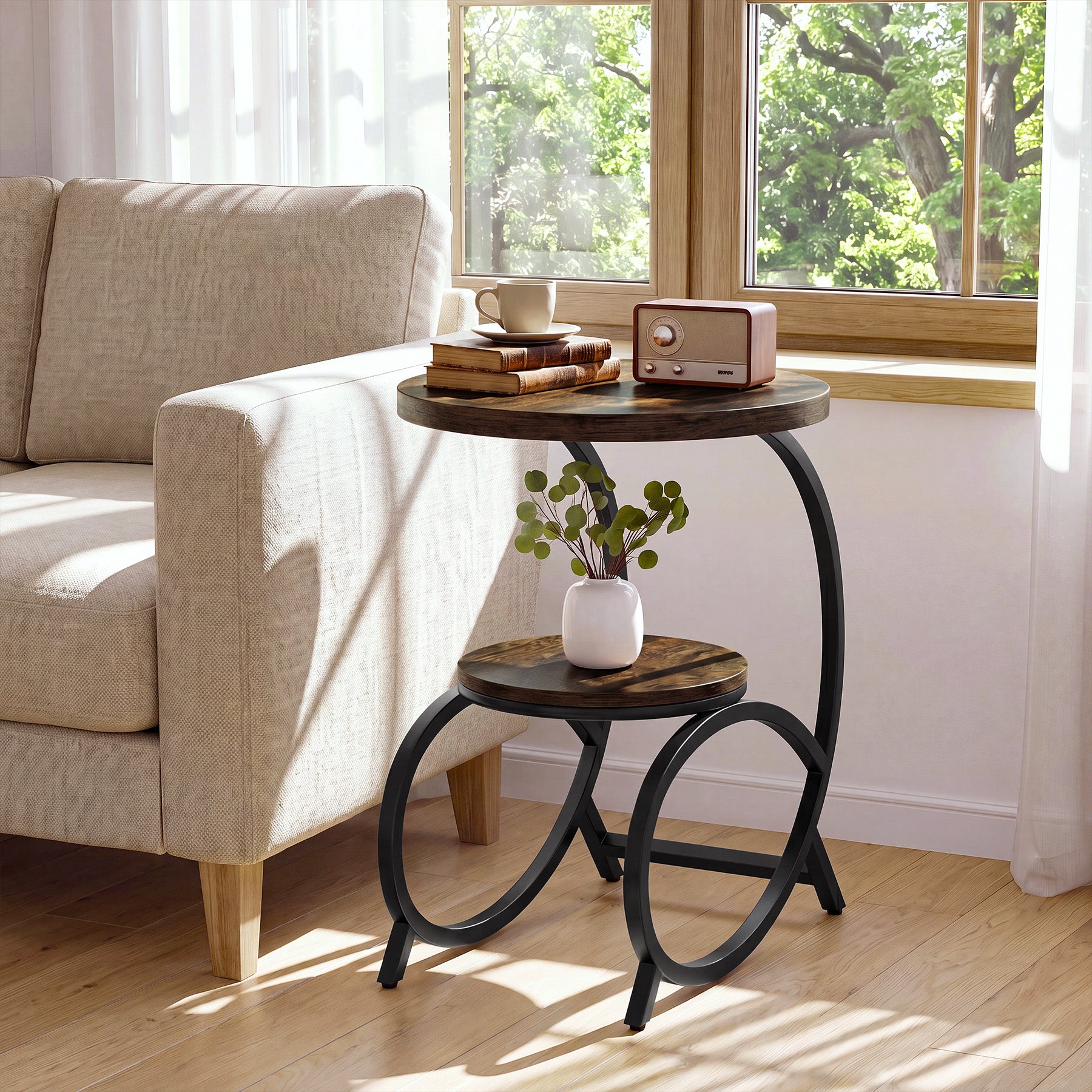 19.69 Inch C Shaped Side Table, 2 Tier Round End Table with Storage for Living Room
