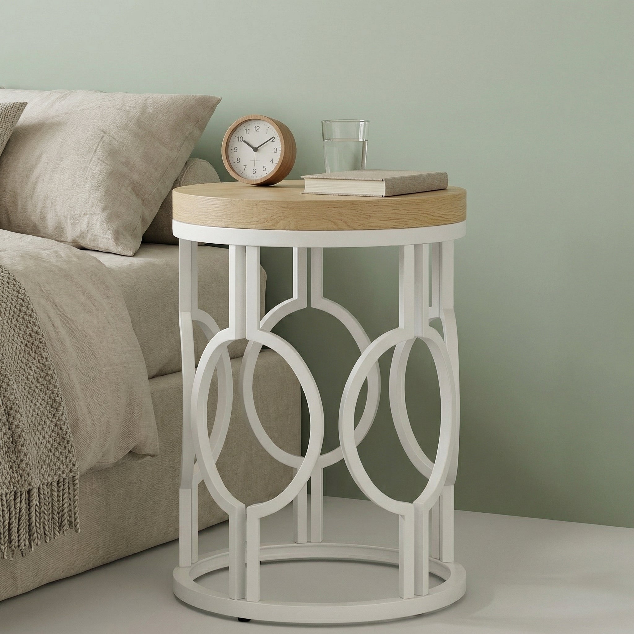 Round End Table, Industrial Side Table with Metal Hollow Frame