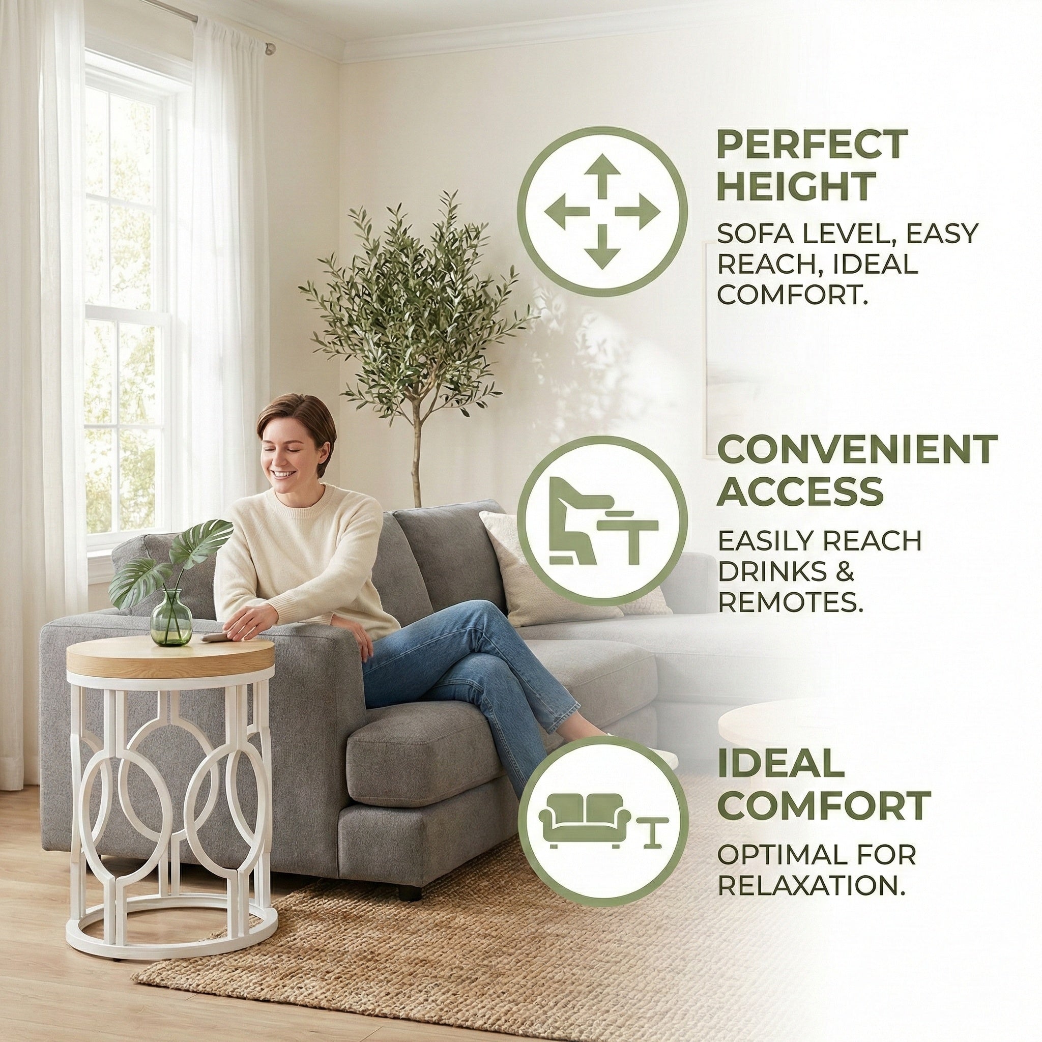 Round End Table, Industrial Side Table with Metal Hollow Frame