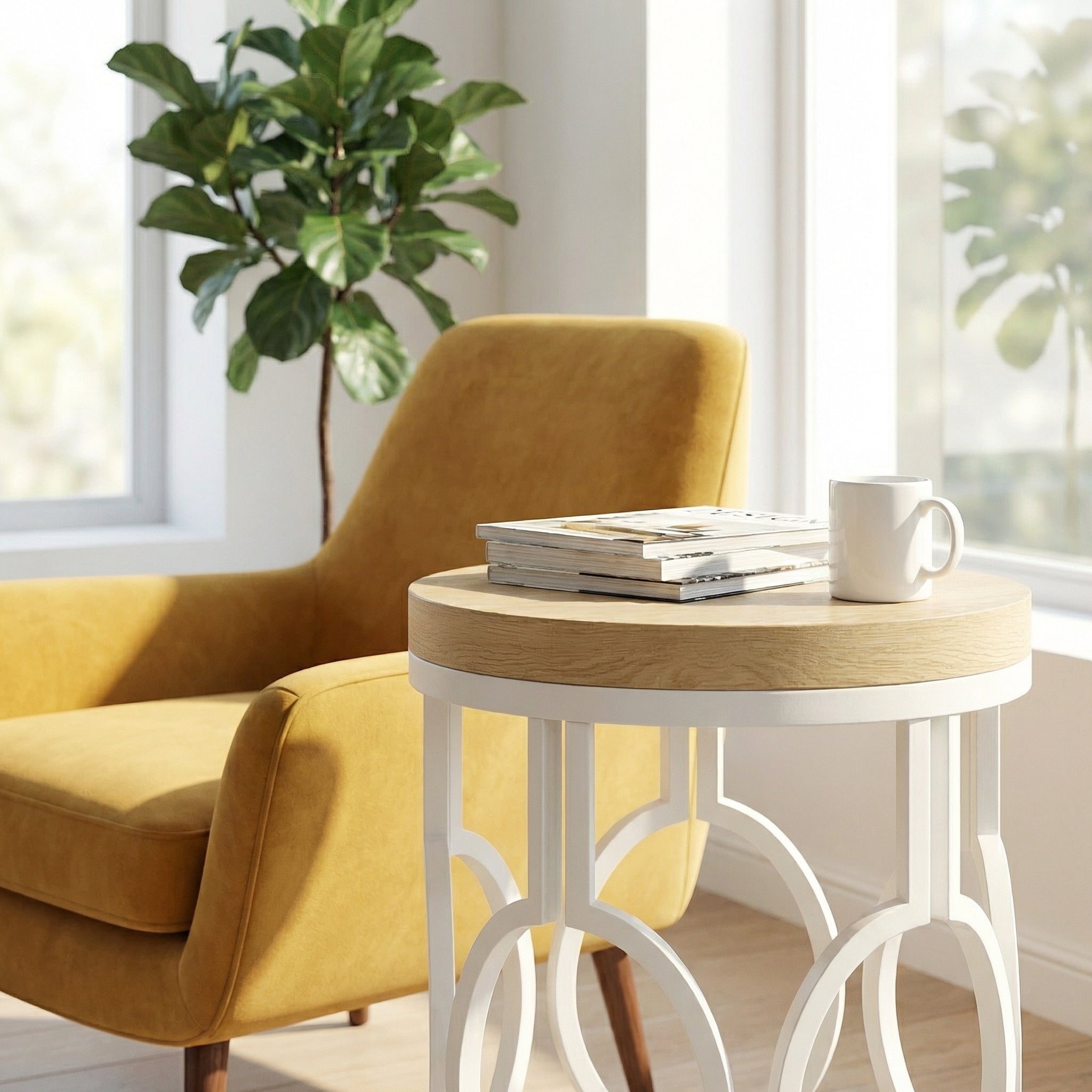 Round End Table, Industrial Side Table with Metal Hollow Frame