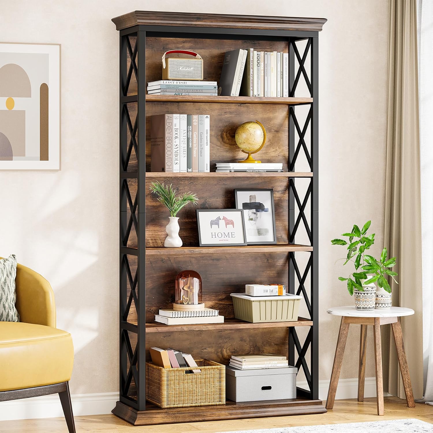 71" Industrial 6-Tier Bookcase - 5-Shelf Floor Standing Storage Unit in Brown & Black