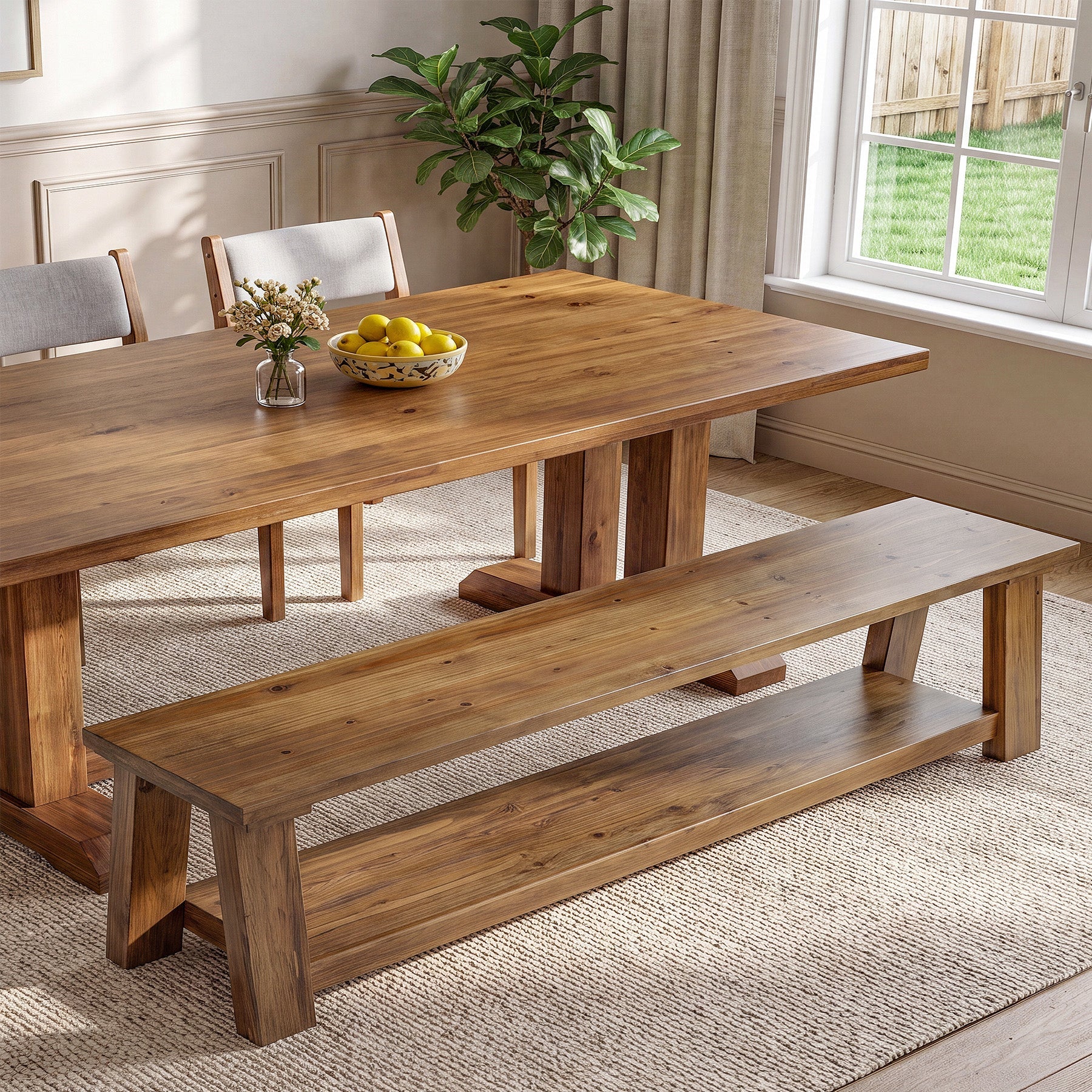 70.9-Inch Solid Wood Dining Bench with Storage Shelf, Farmhouse Bench for Dining Room