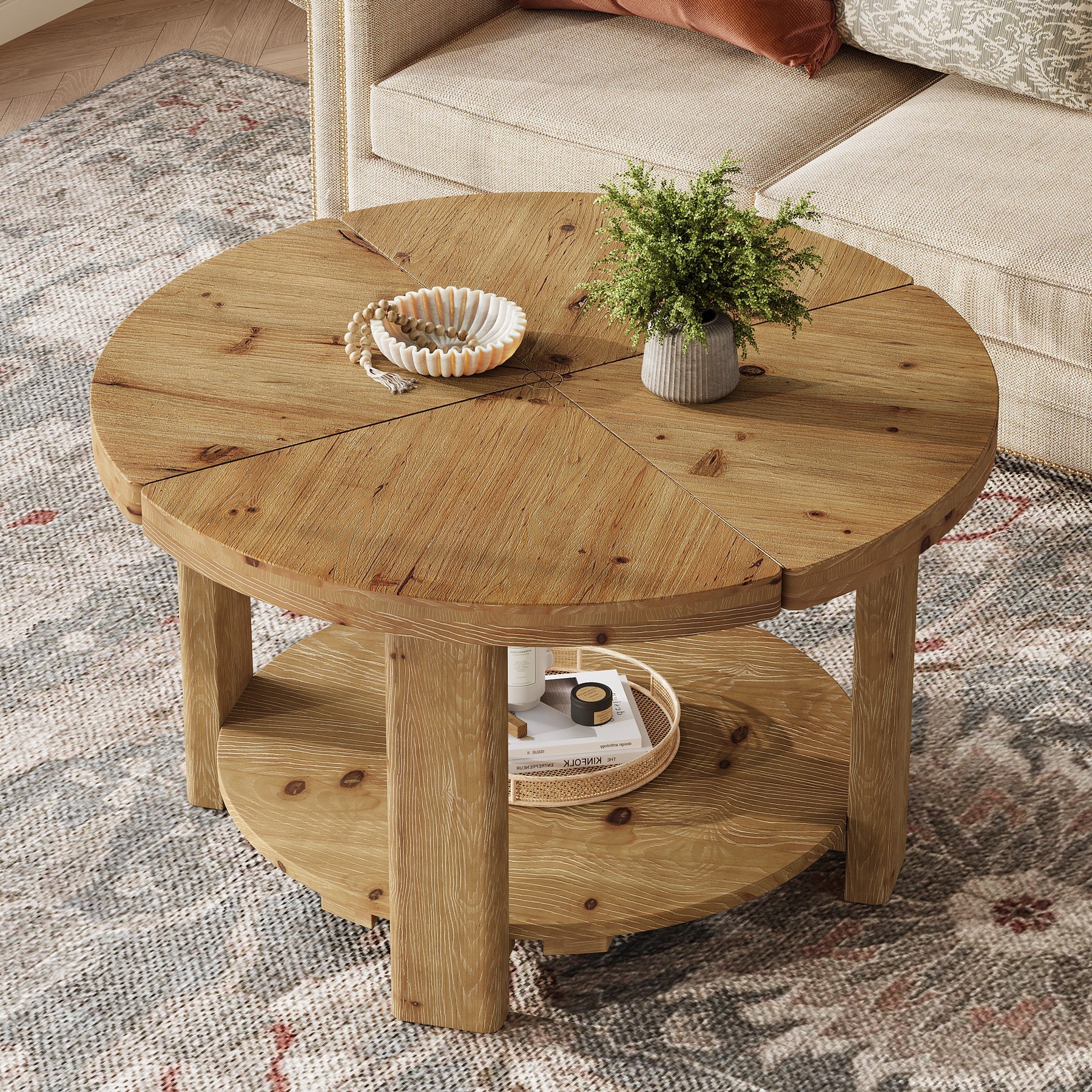 31.5" Farmhouse 2-Tier Coffee Table, Round Solid Wood Storage Table in Natural Brown