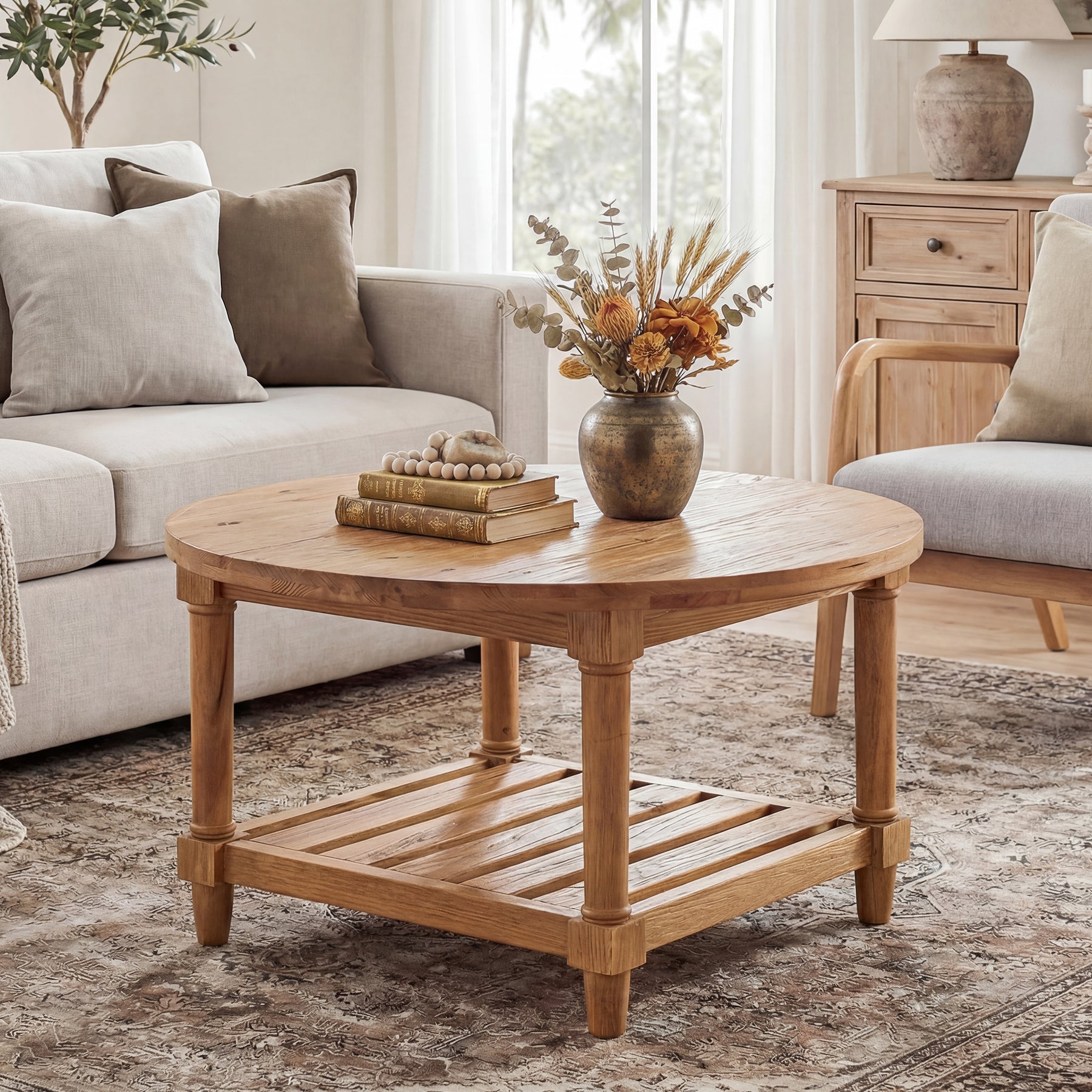 31.5" Round Solid Wood, 2-Tier Coffee Table with Storage